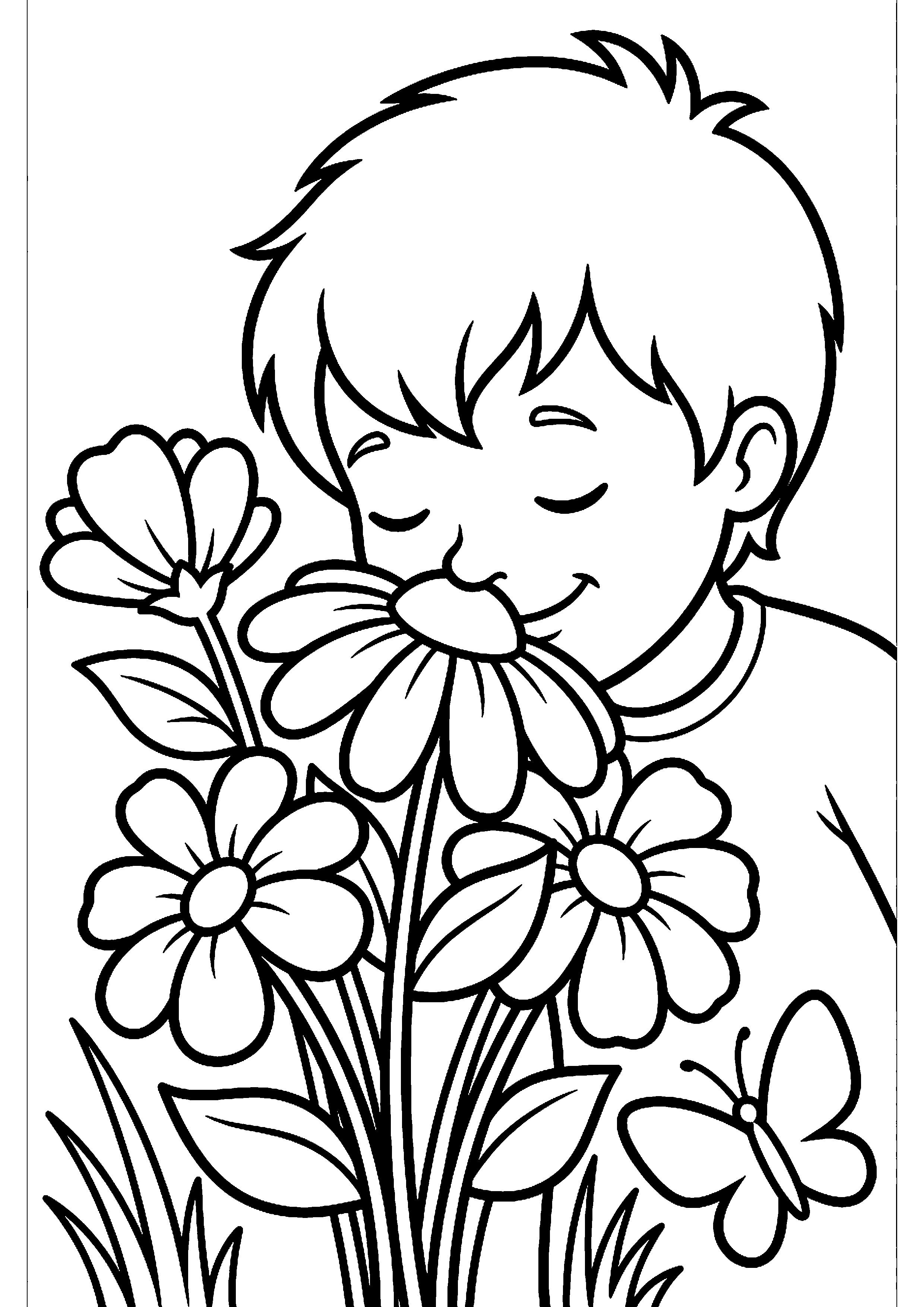 Kind ruikt aan bloemen kleurplaat — gratis kleurplaat