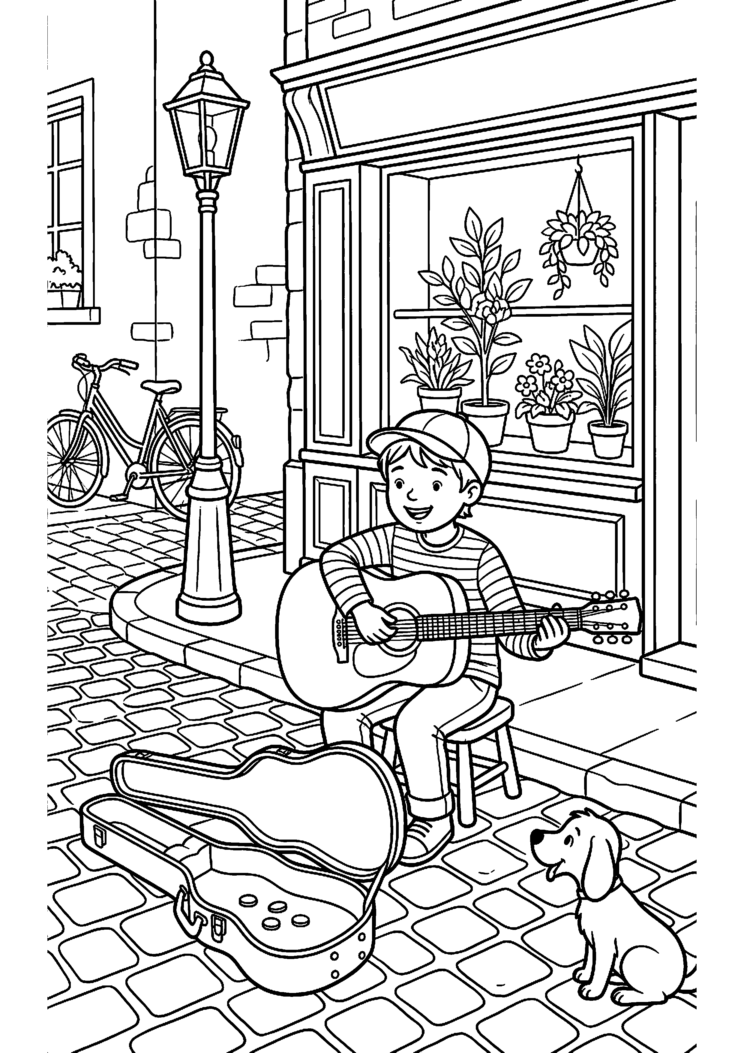Kind speelt gitaar op straat kleurplaat — gratis kleurplaat