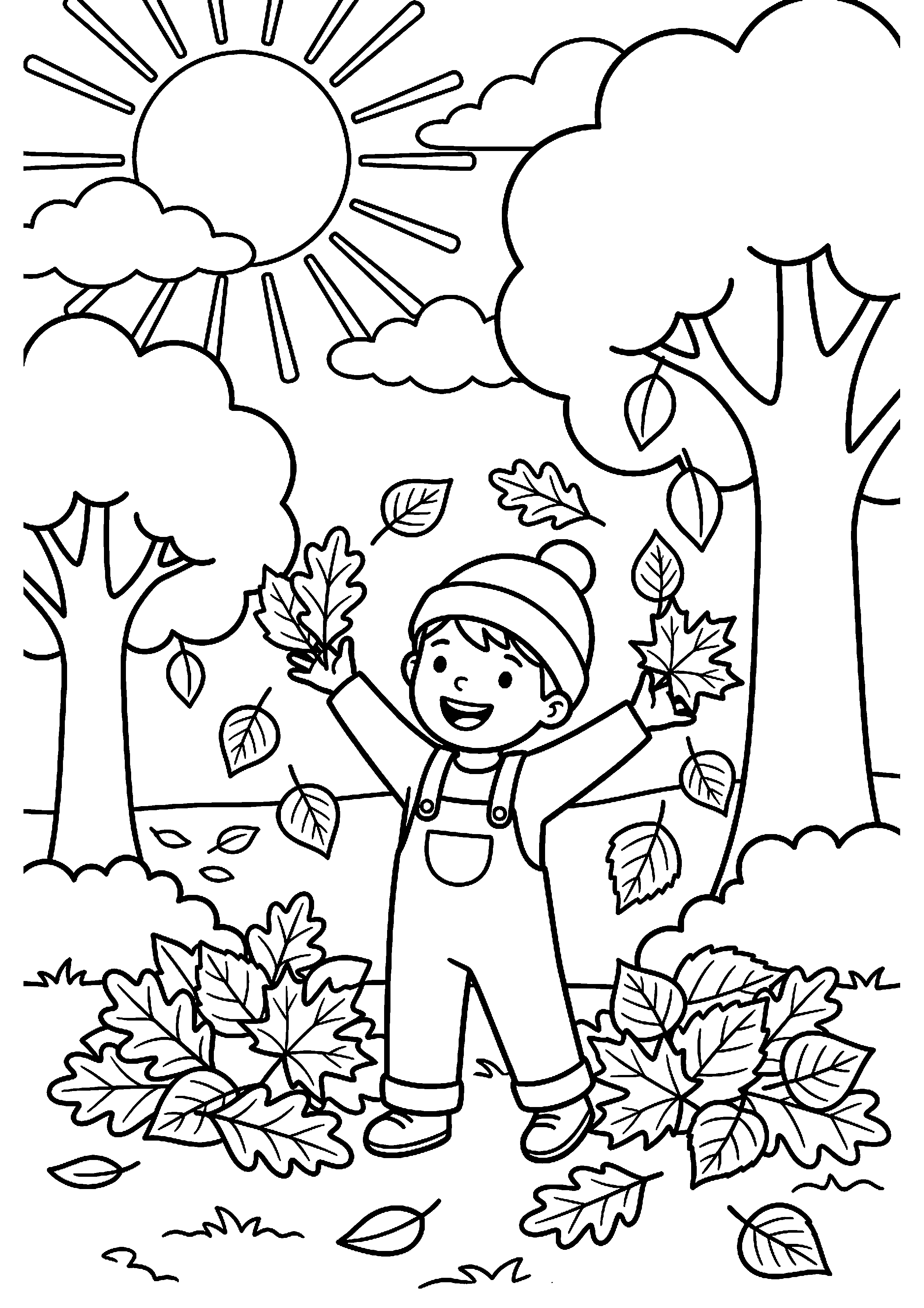 Kind speelt met bladeren kleurplaat — gratis kleurplaat