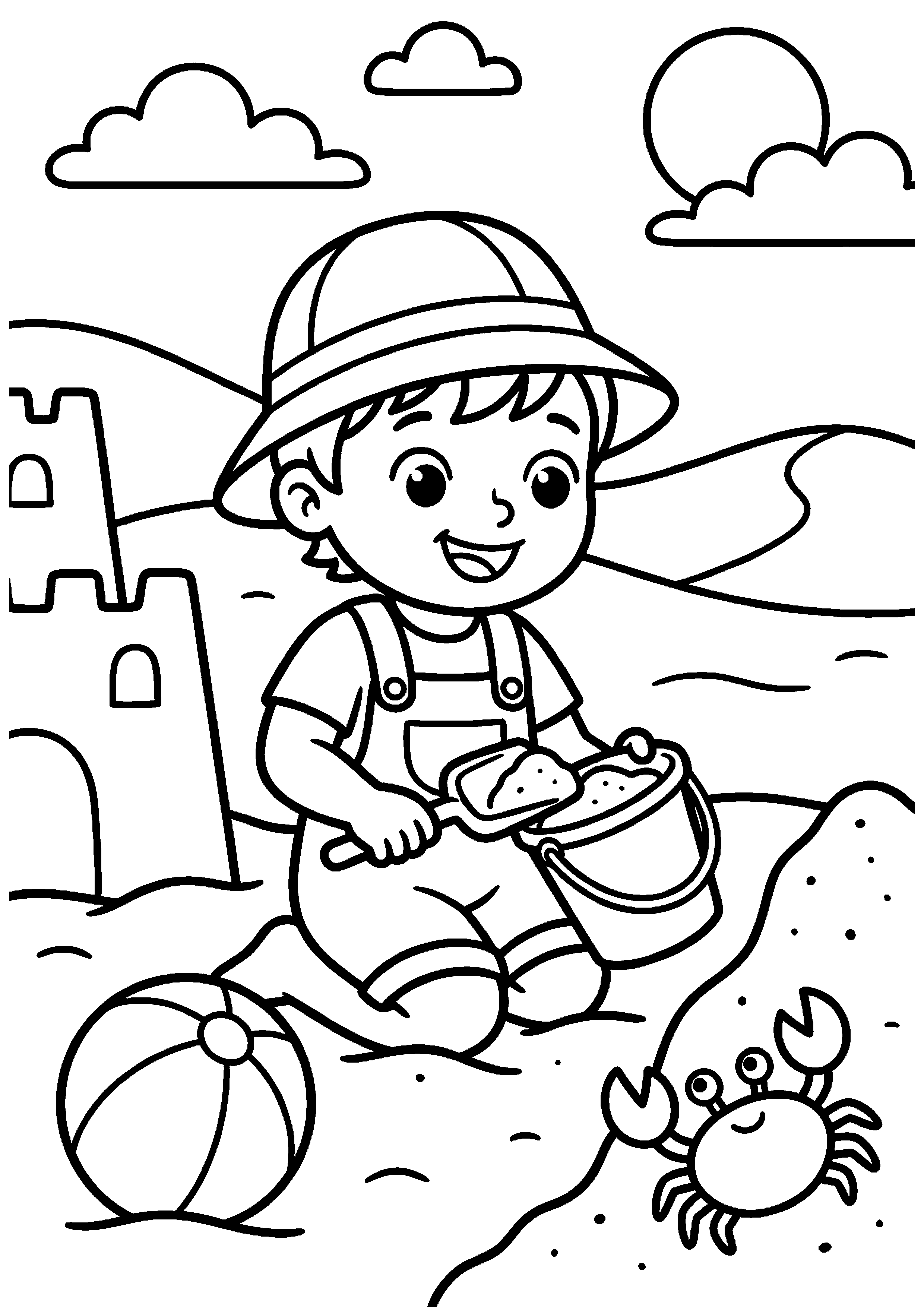 Kind speelt met emmer en schep kleurplaat — gratis kleurplaat