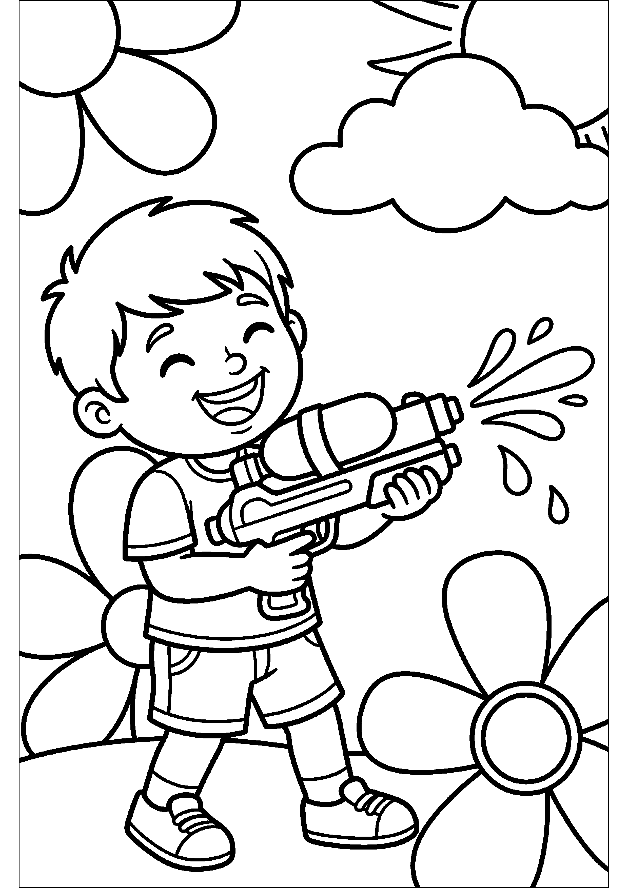 Kind speelt met waterpistool kleurplaat — gratis kleurplaat