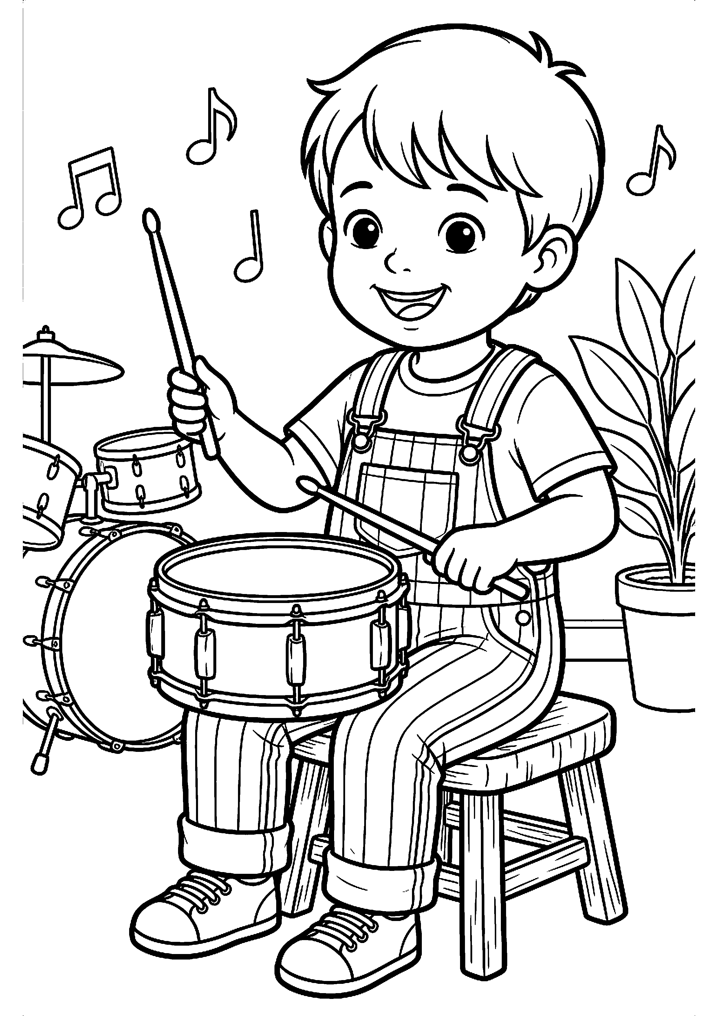 Kind speelt trommel kleurplaat — gratis kleurplaat