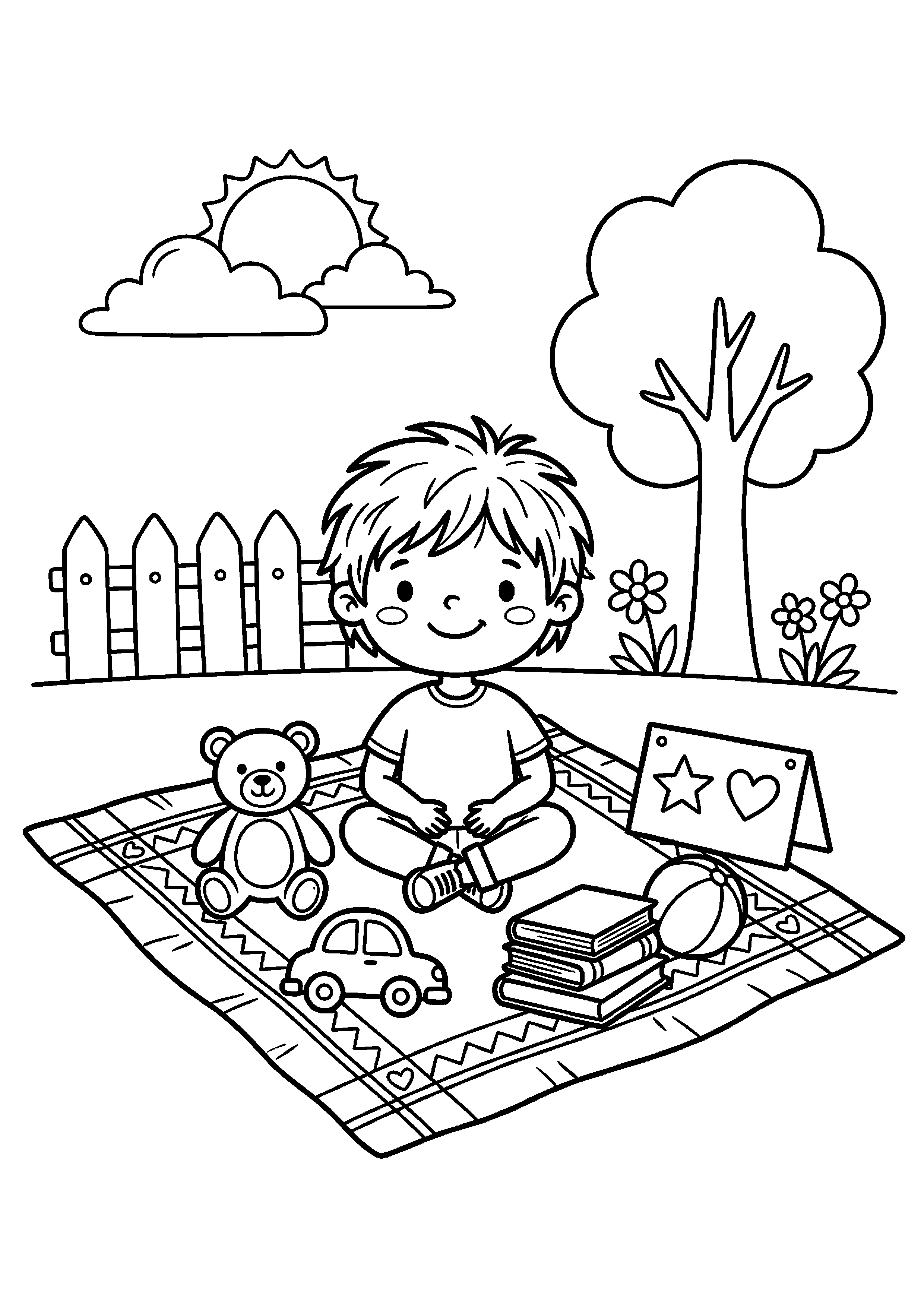 Kind verkoopt speelgoed op kleedje kleurplaat — gratis kleurplaat