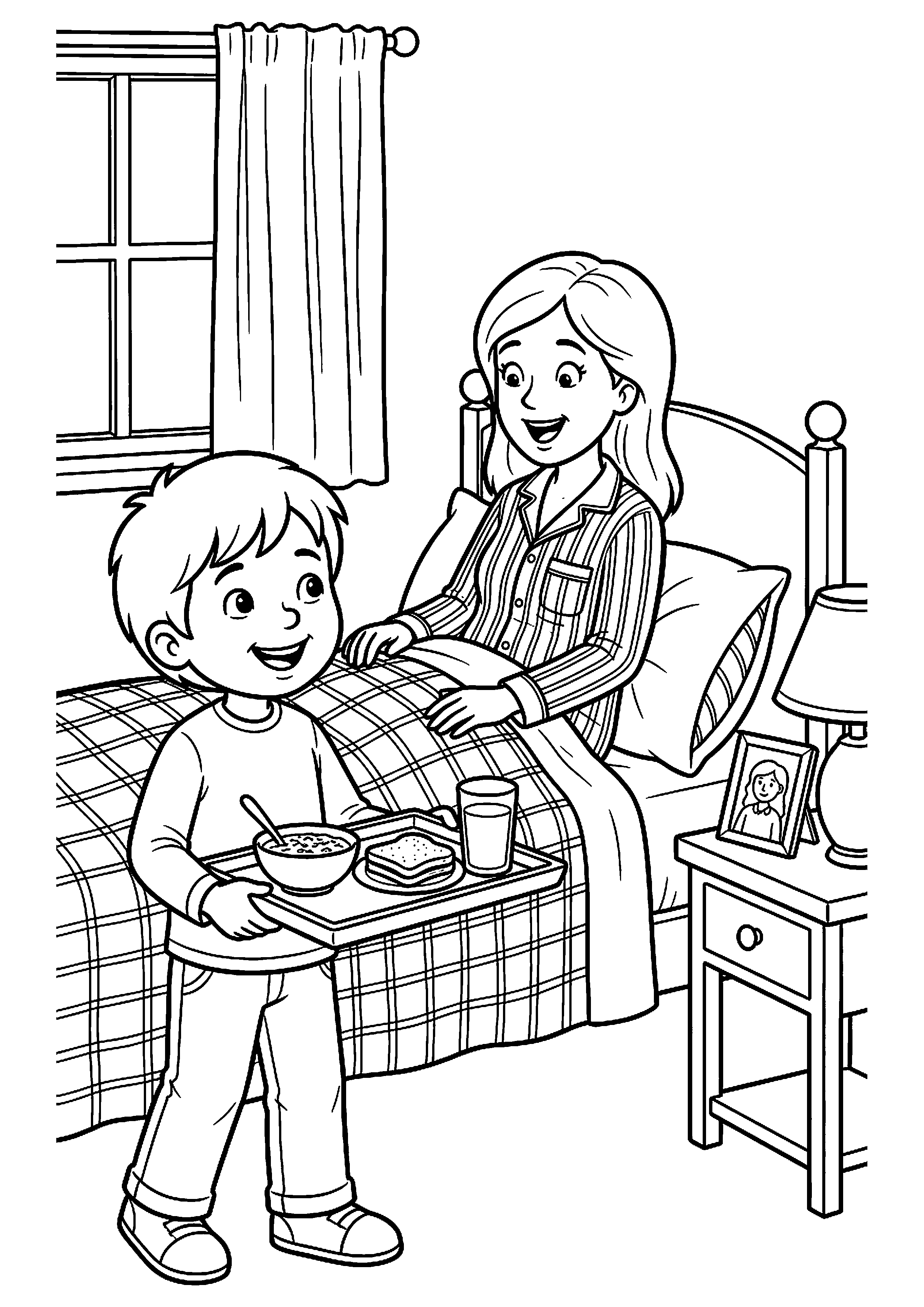 Kind verrast moeder met ontbijt op bed kleurplaat — gratis kleurplaat