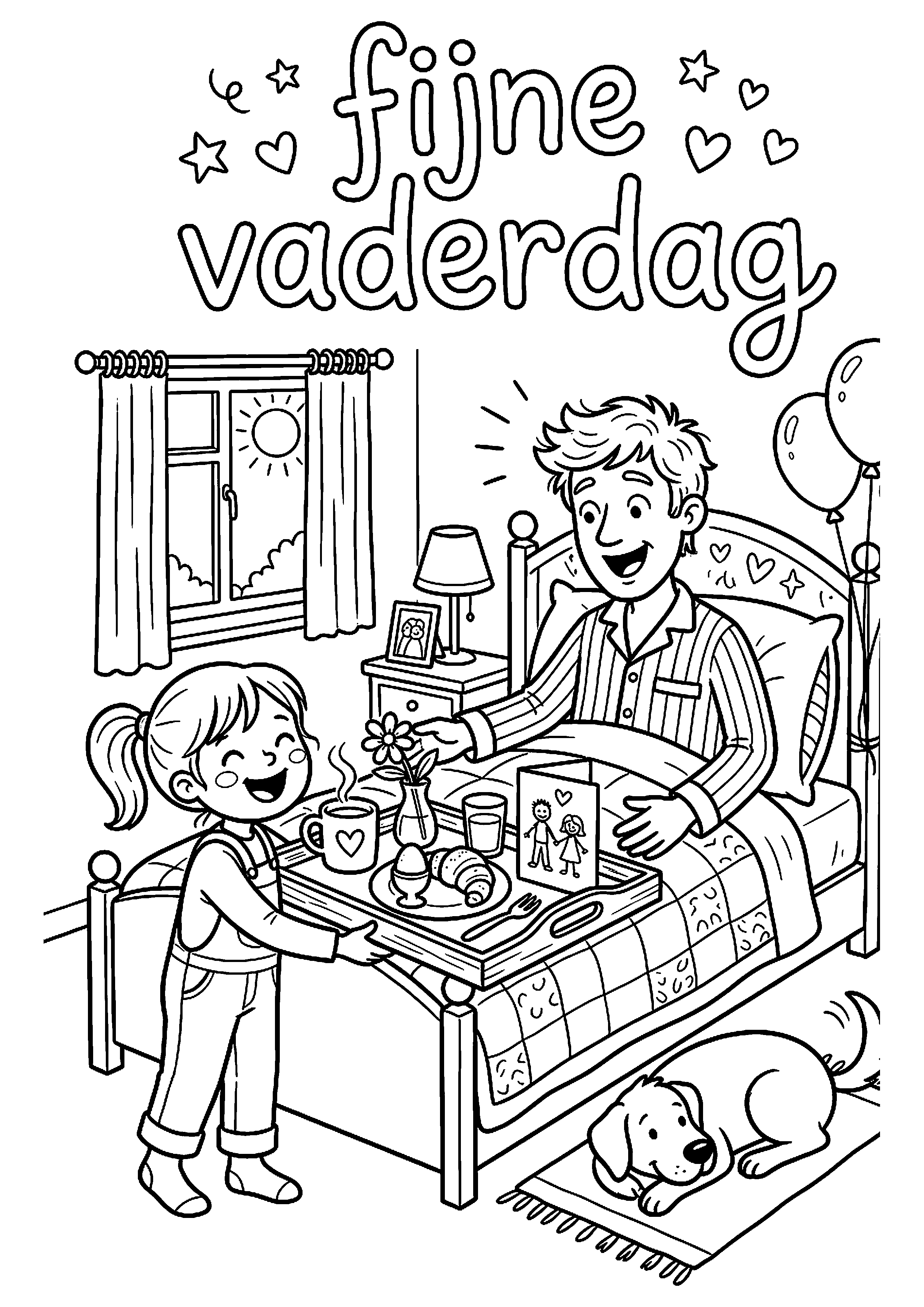 Kind verrast vader met ontbijt op bed met tekst fijne vaderdag kleurplaat — gratis kleurplaat