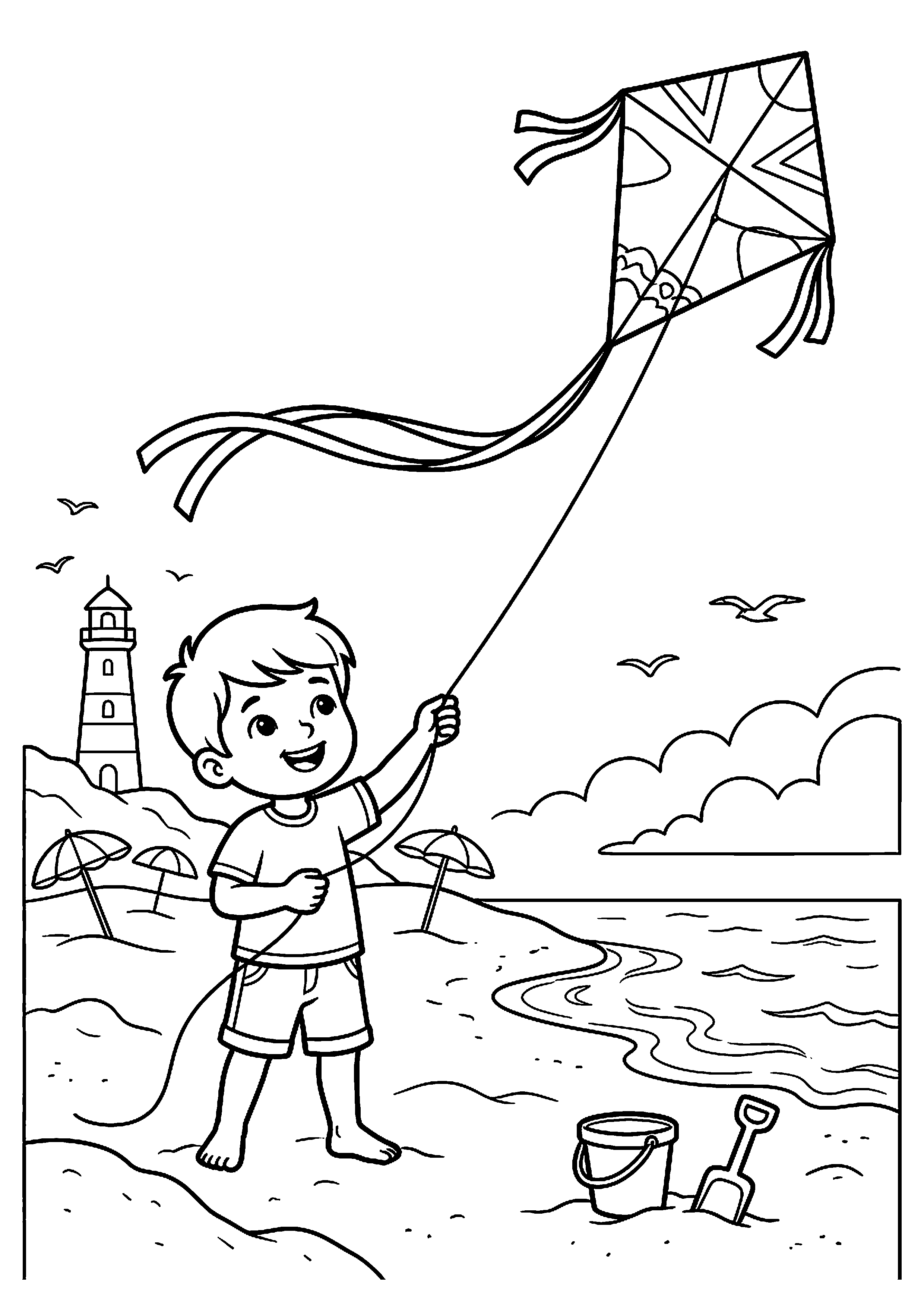 Kind vliegt vlieger op strand kleurplaat — gratis kleurplaat