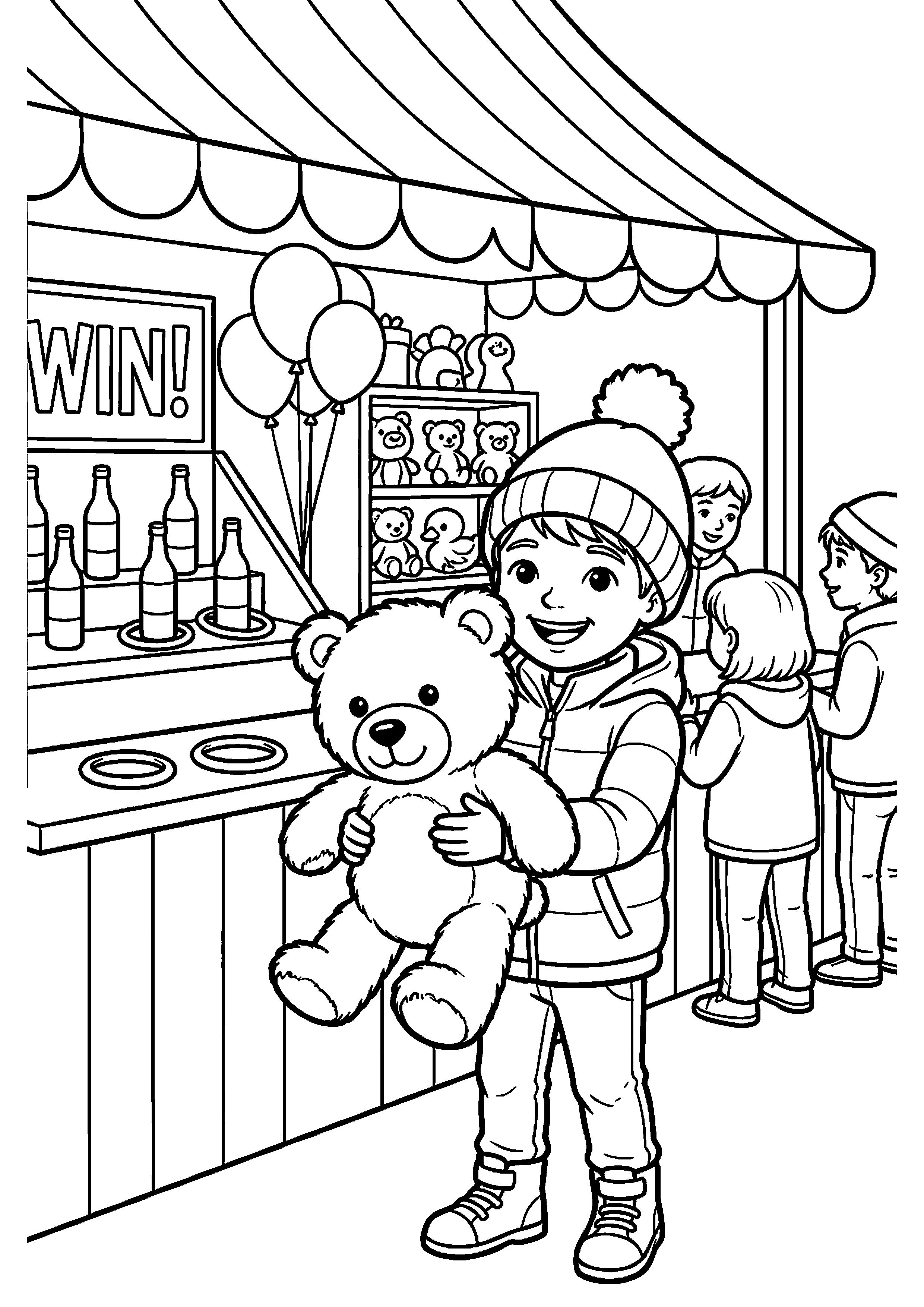 Kind wint knuffel bij kermisspel kleurplaat — gratis kleurplaat