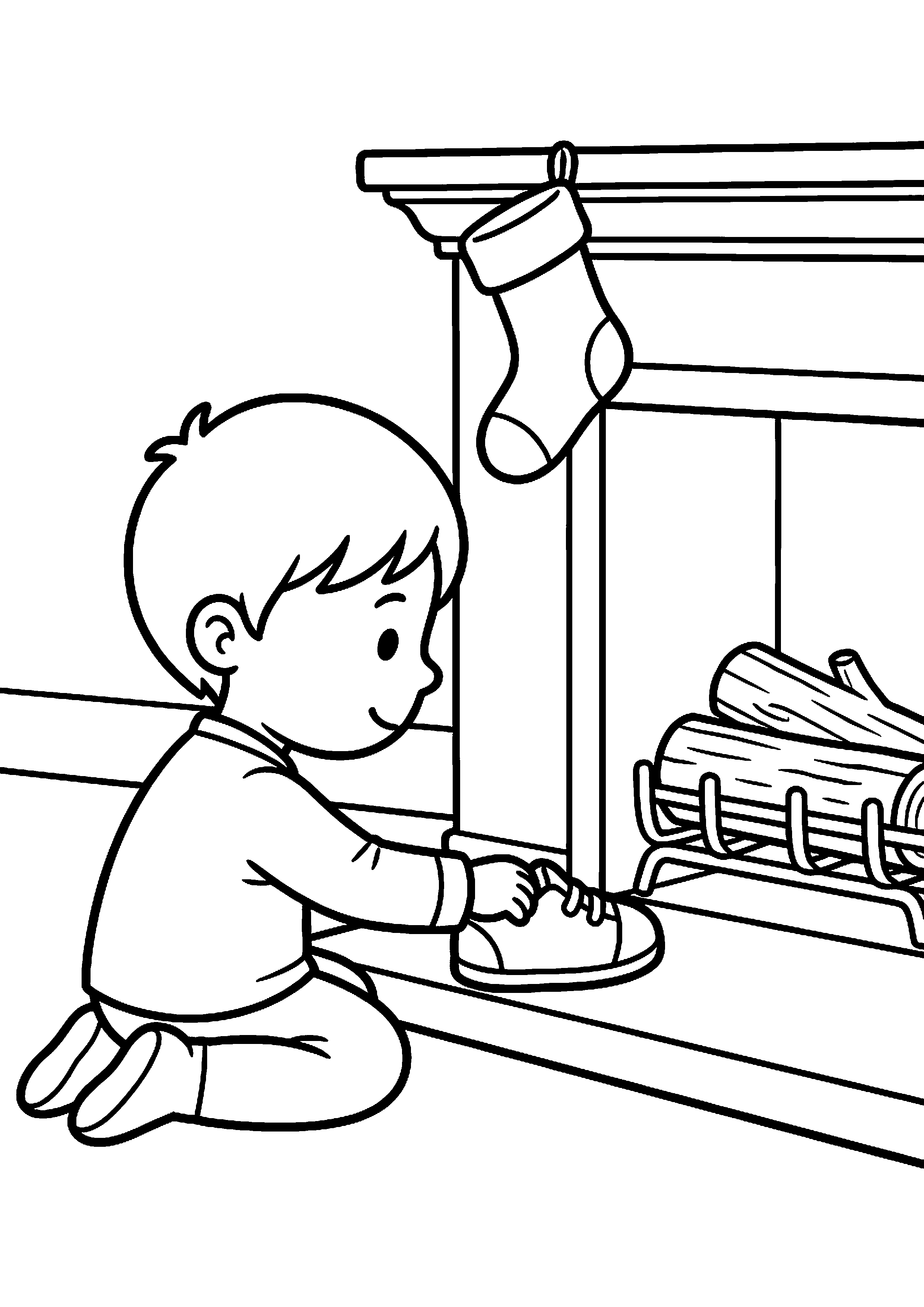 Kind zet schoen bij de open haard kleurplaat