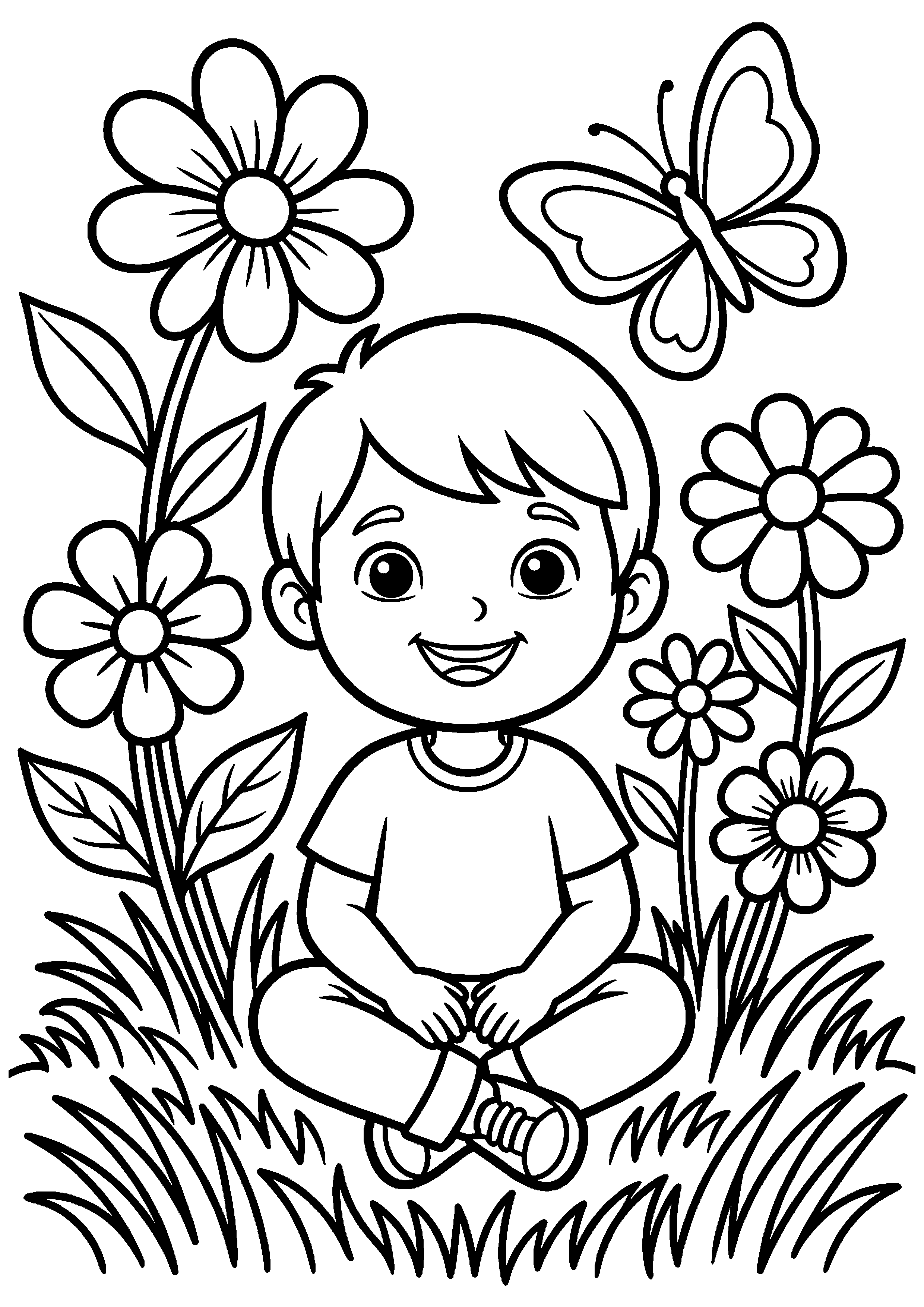 Kind zit in gras met bloemen kleurplaat — gratis kleurplaat