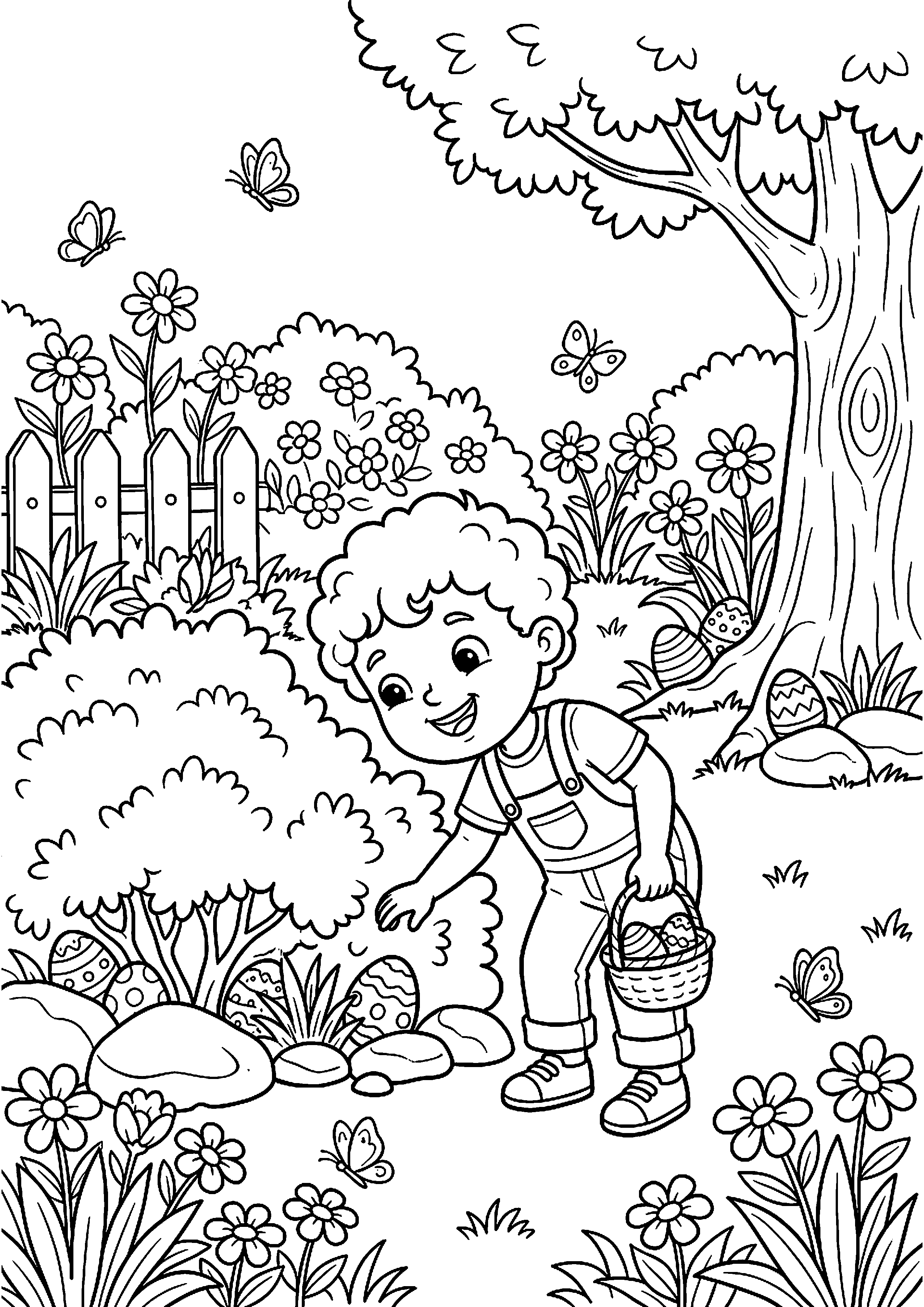 Kind Zoekt Paaseieren in de Tuin Kleurplaat