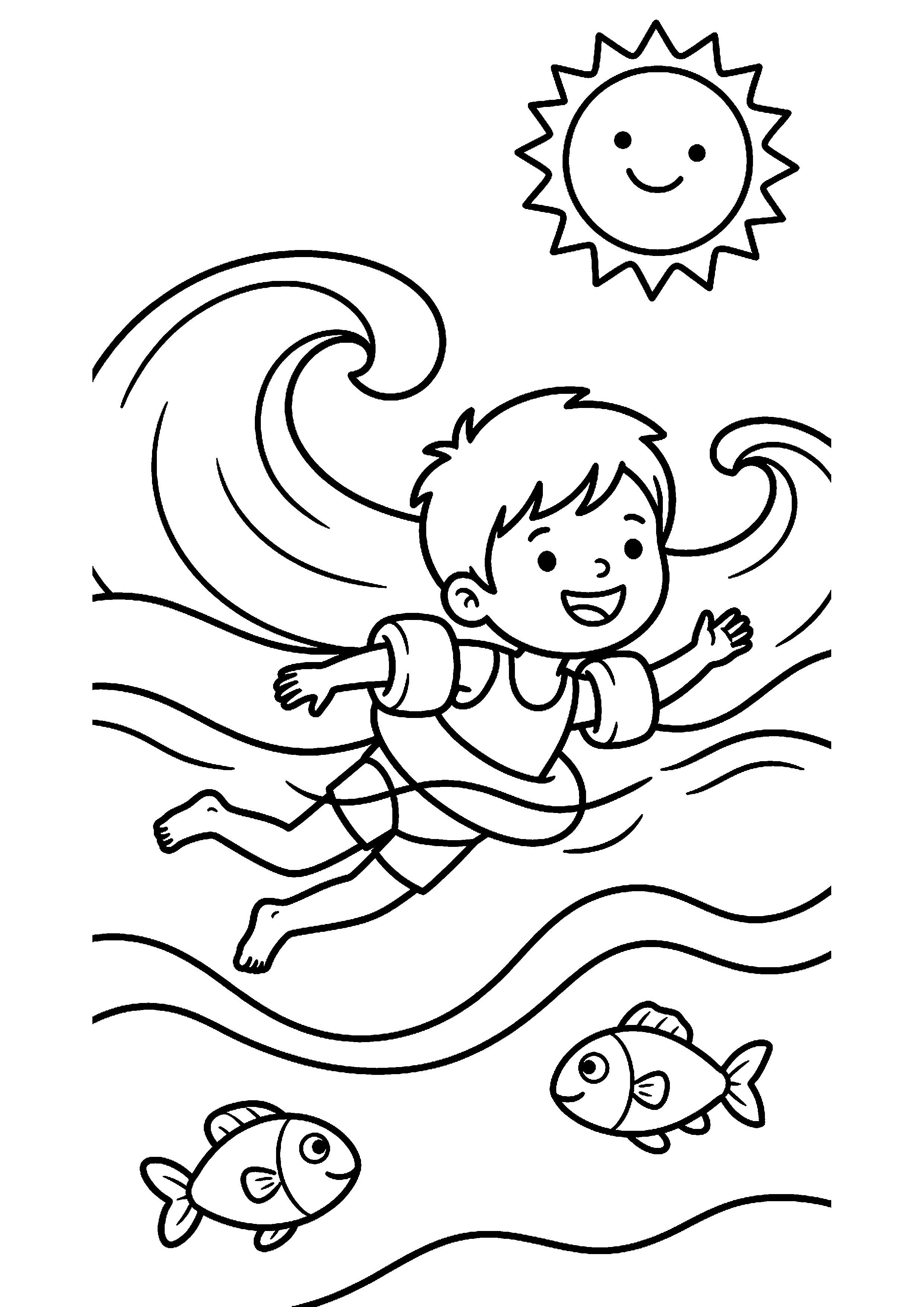 Kind zwemt in zee kleurplaat — gratis kleurplaat