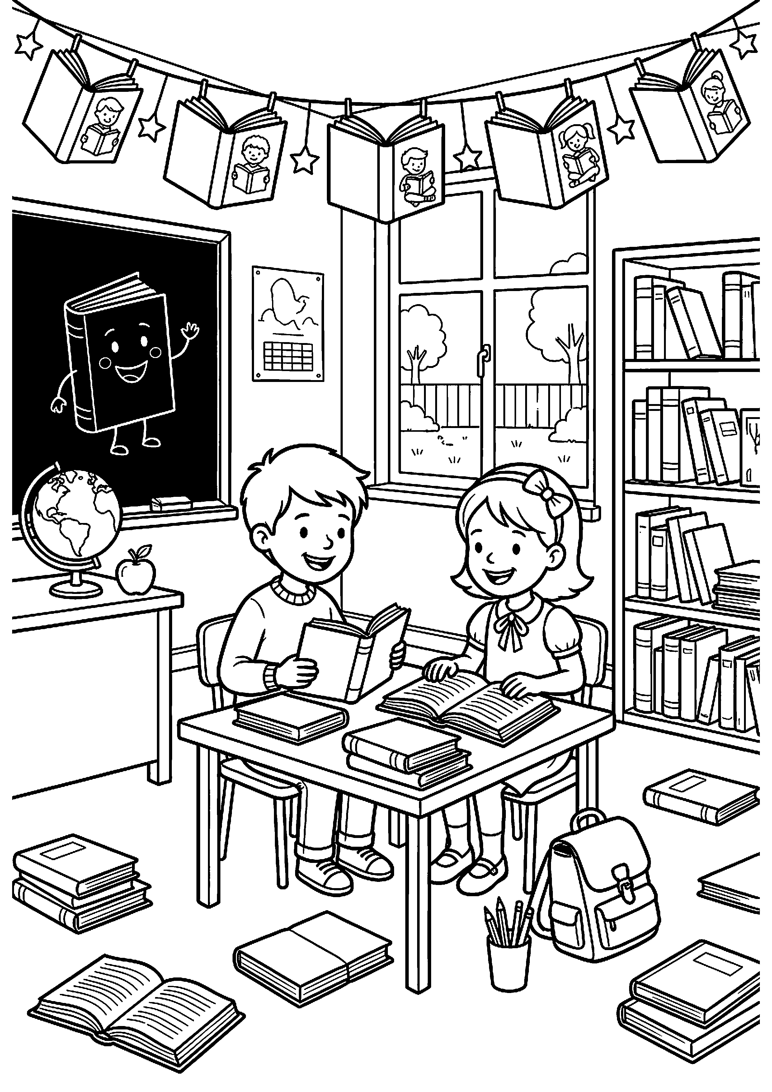 Kinderboekenweek op school met boeken kleurplaat — gratis kleurplaat