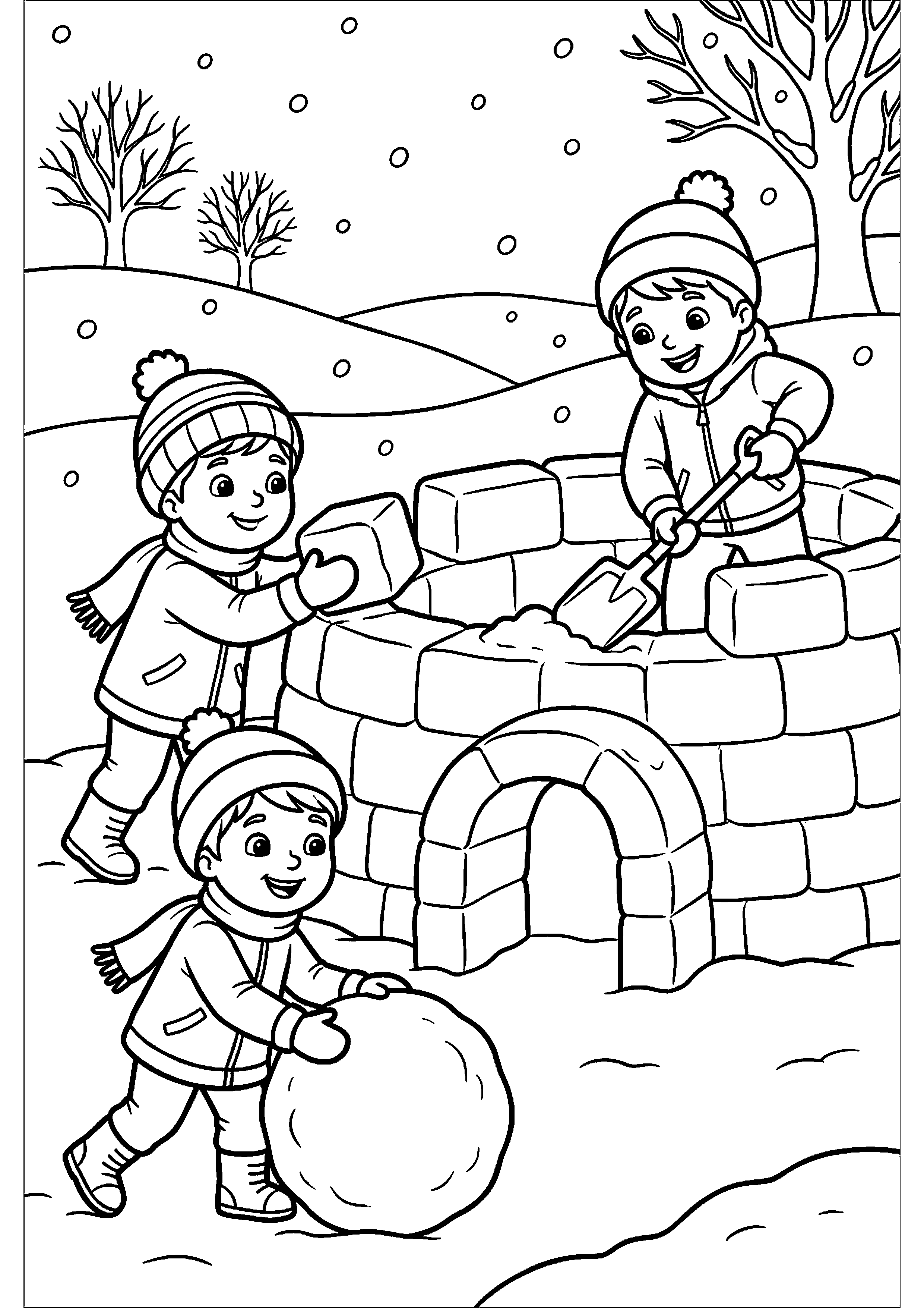 Kinderen bouwen sneeuwfort kleurplaat — gratis kleurplaat