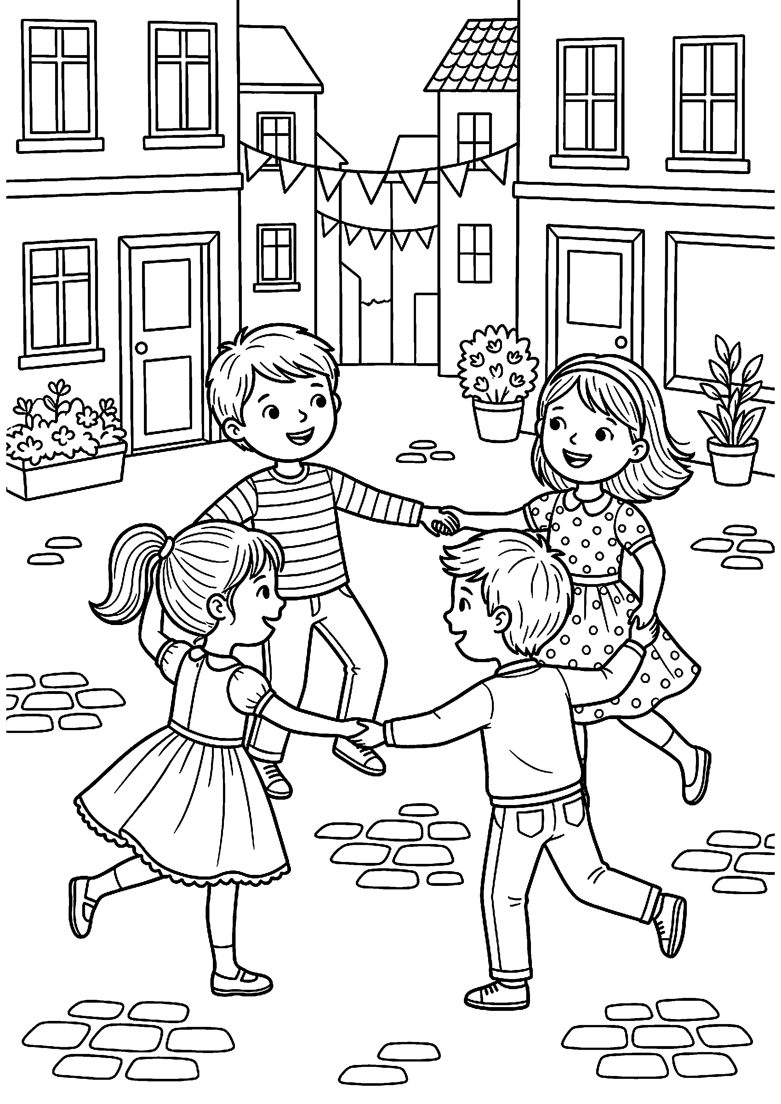 Kinderen dansen op plein kleurplaat — gratis kleurplaat