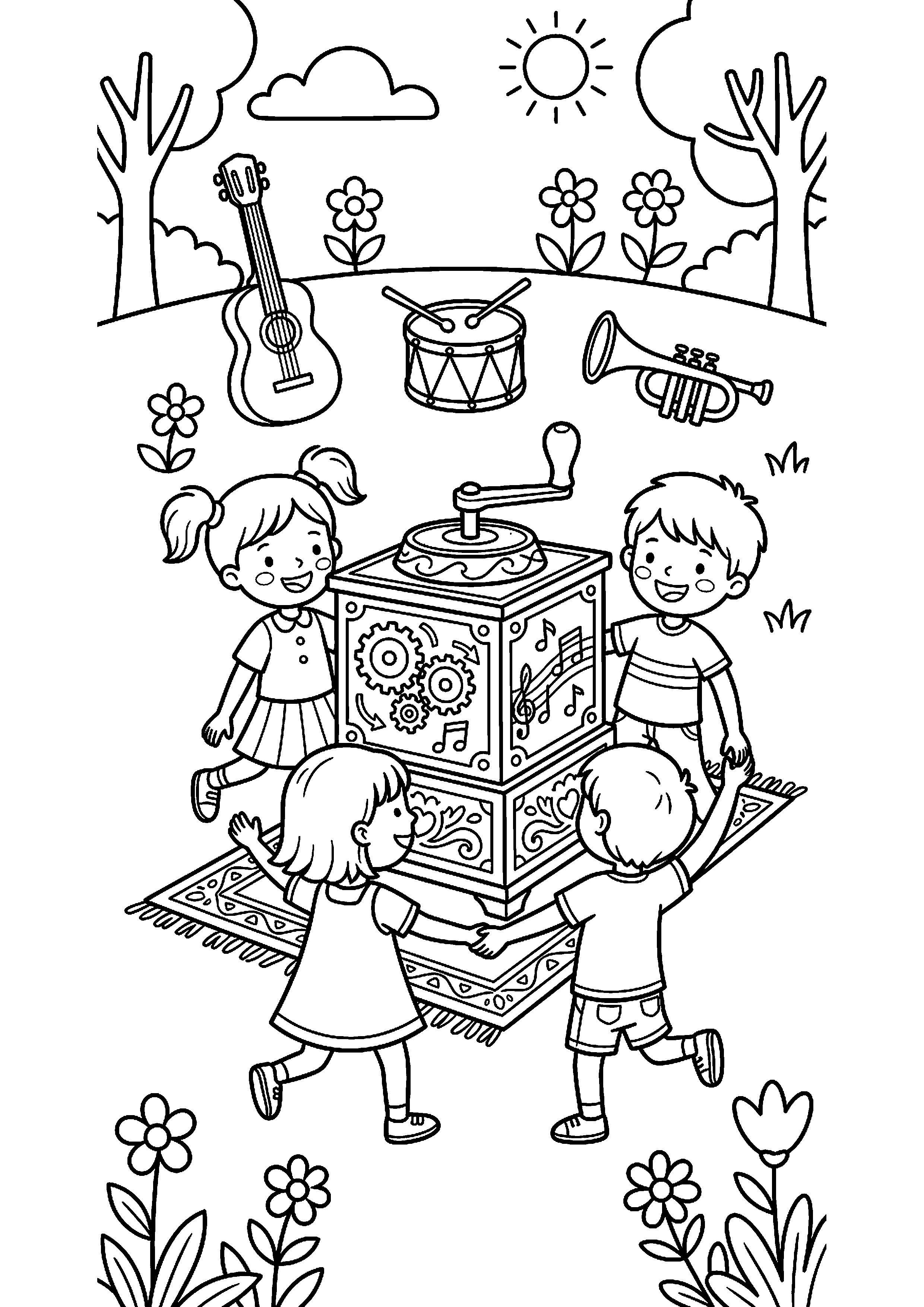 Kinderen dansen rond muziekbox kleurplaat — gratis kleurplaat
