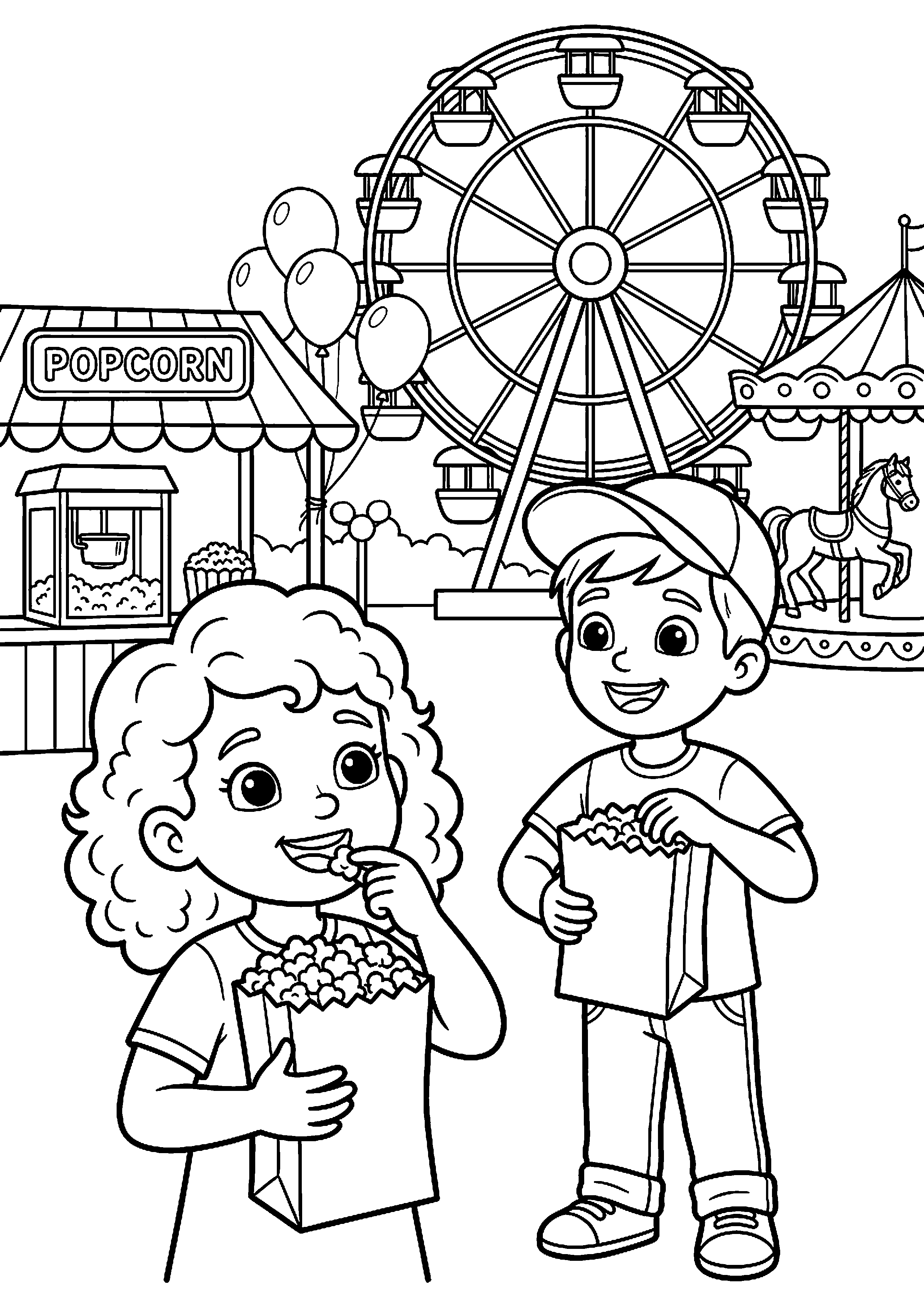 Kinderen eten popcorn op kermis kleurplaat — gratis kleurplaat