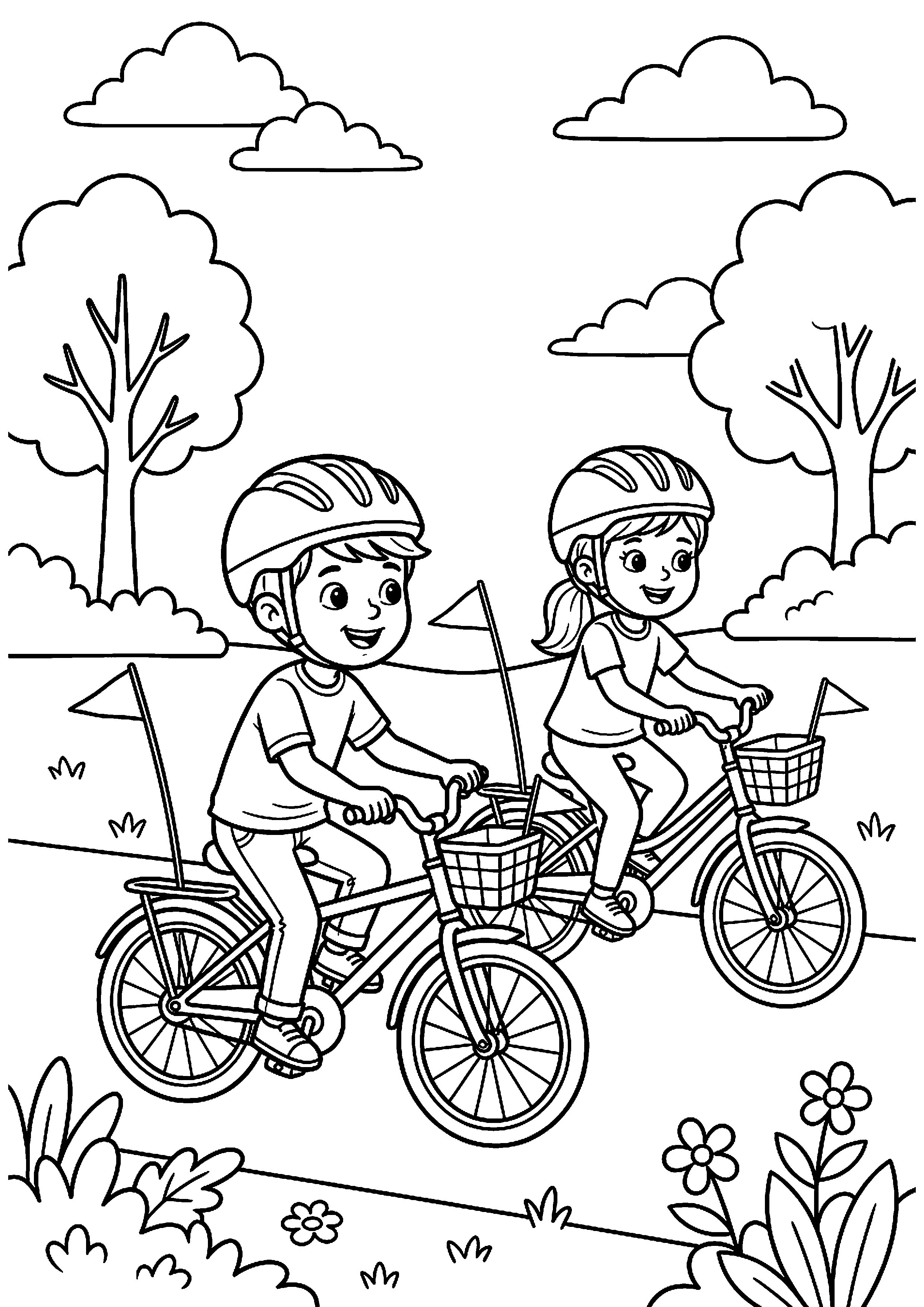 Kinderen fietsen met vlaggetjes kleurplaat — gratis kleurplaat