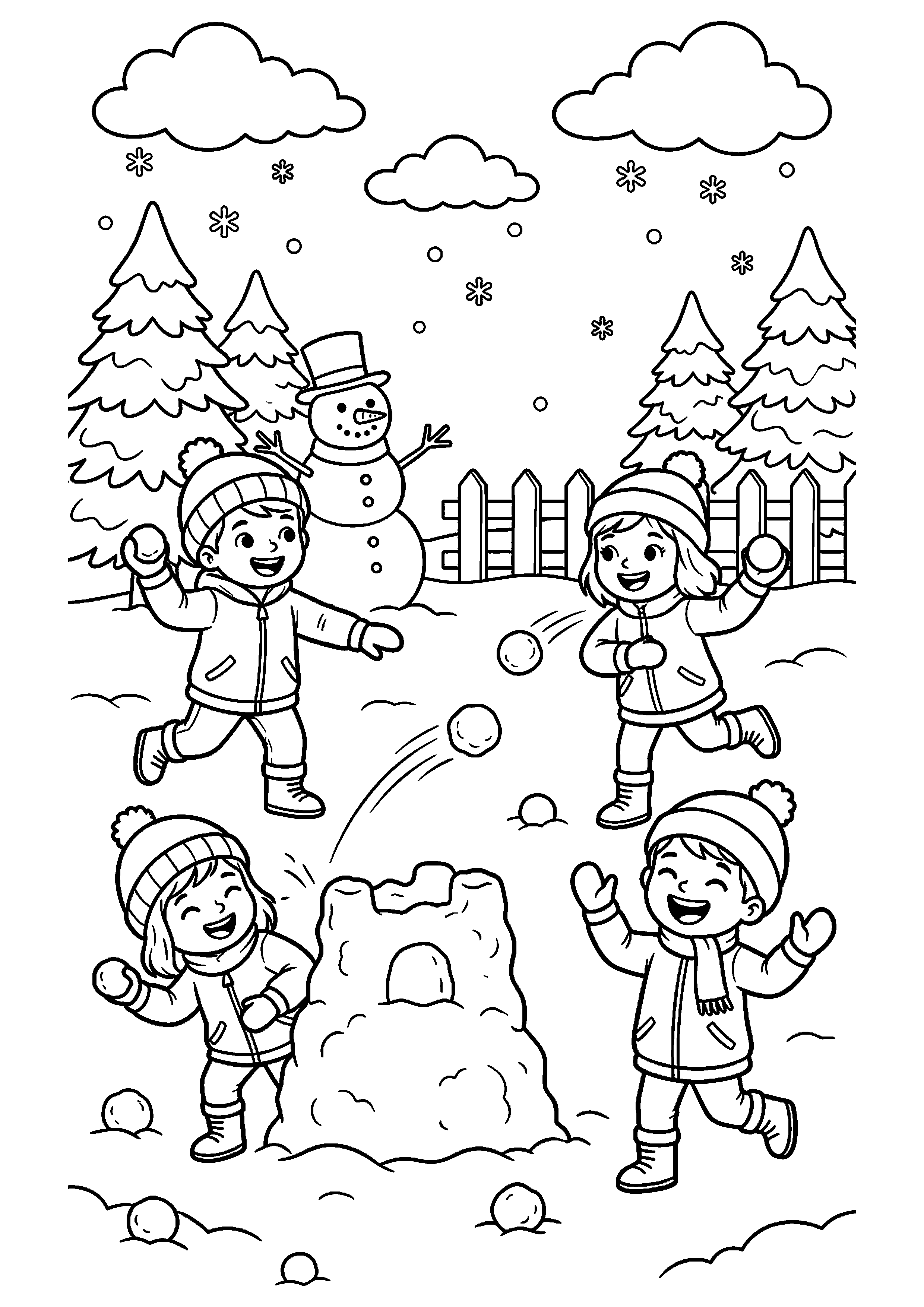 Kinderen hebben sneeuwballengevecht kleurplaat — gratis kleurplaat