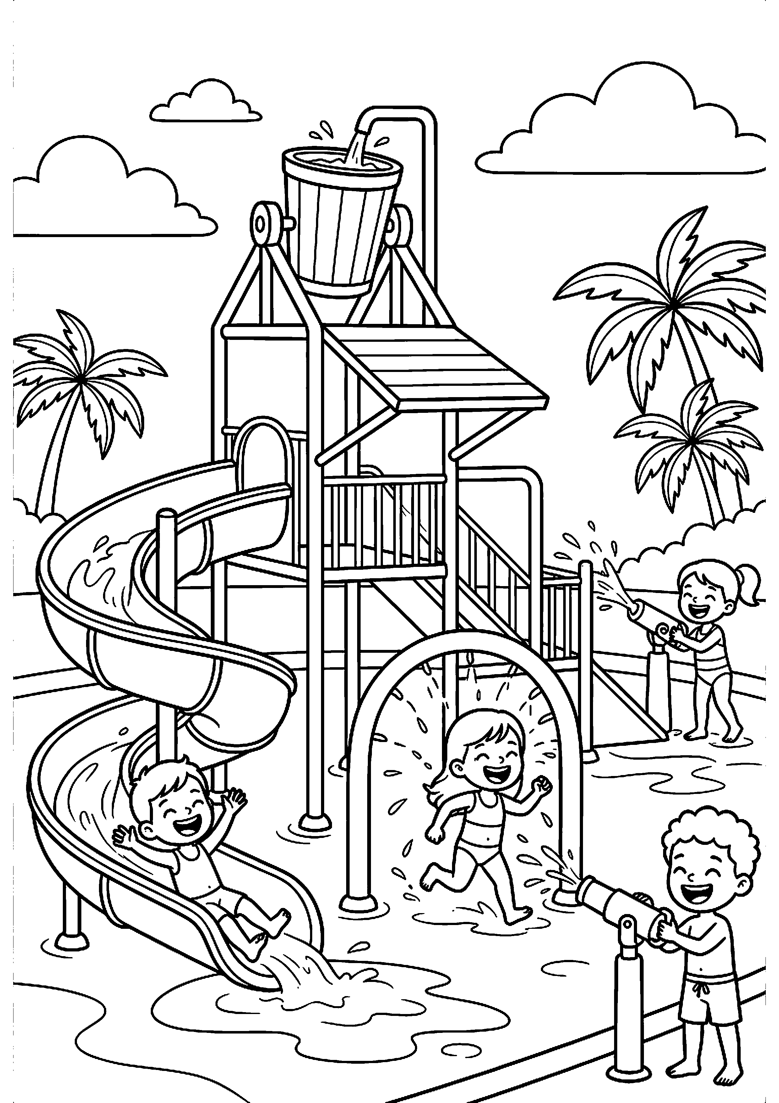 Kinderen in waterattractie kleurplaat — gratis kleurplaat