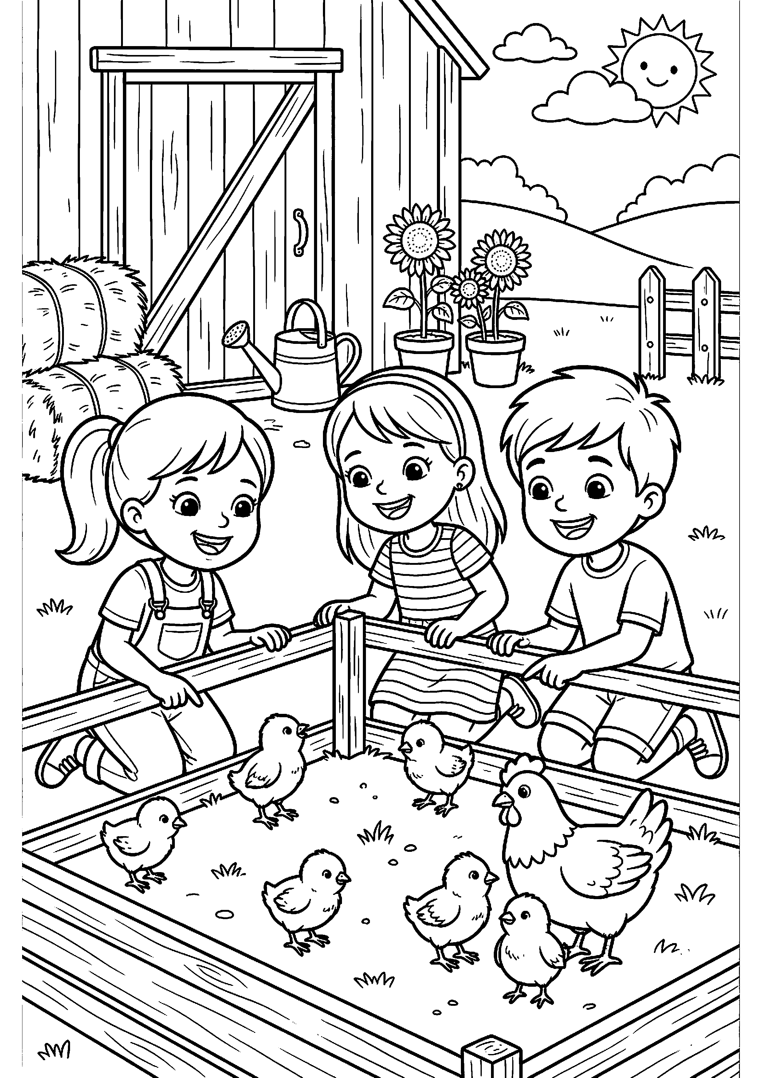 Kinderen kijken naar kuikens kleurplaat — gratis kleurplaat