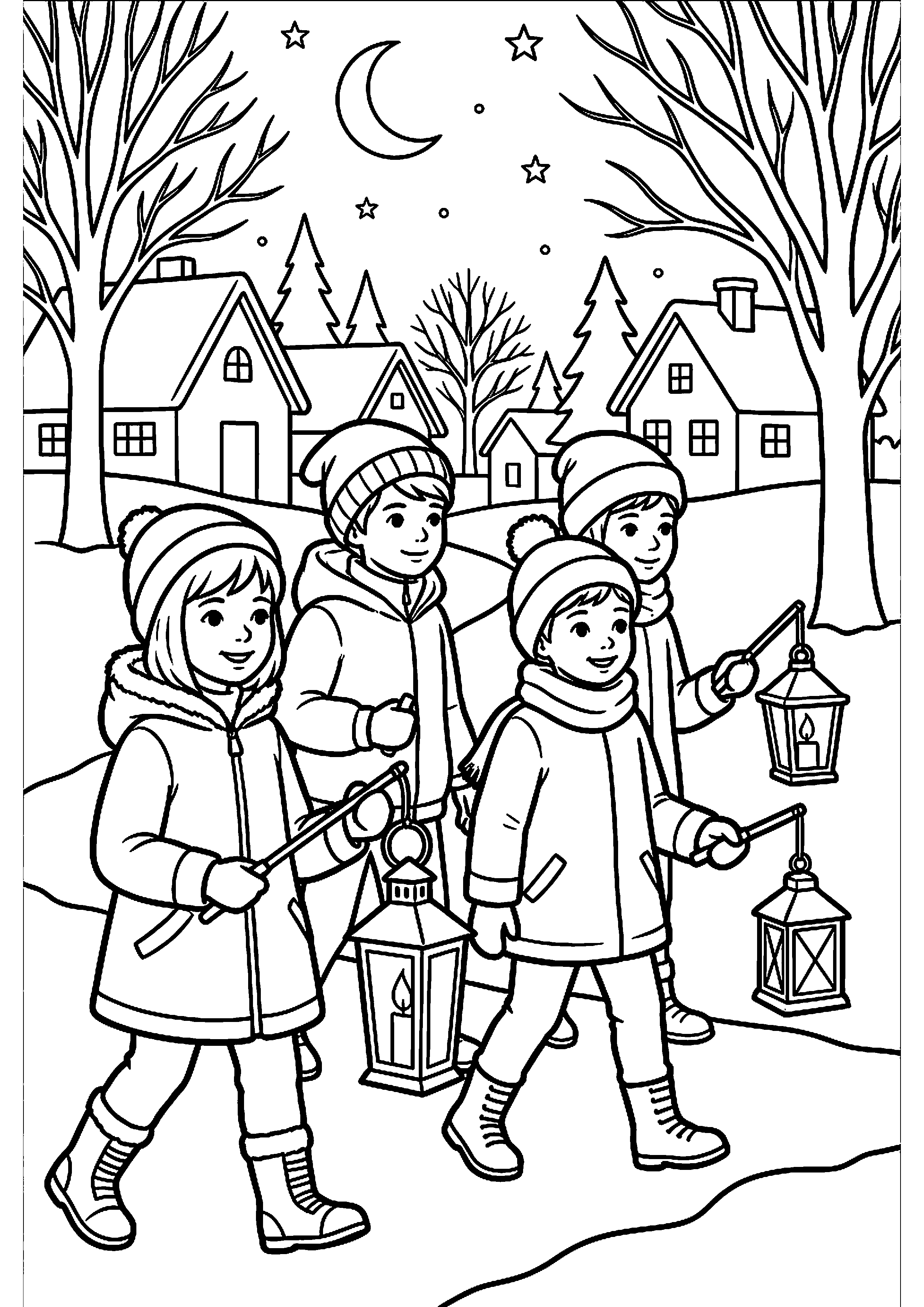 Kinderen lopen met lampionnen kleurplaat — gratis kleurplaat