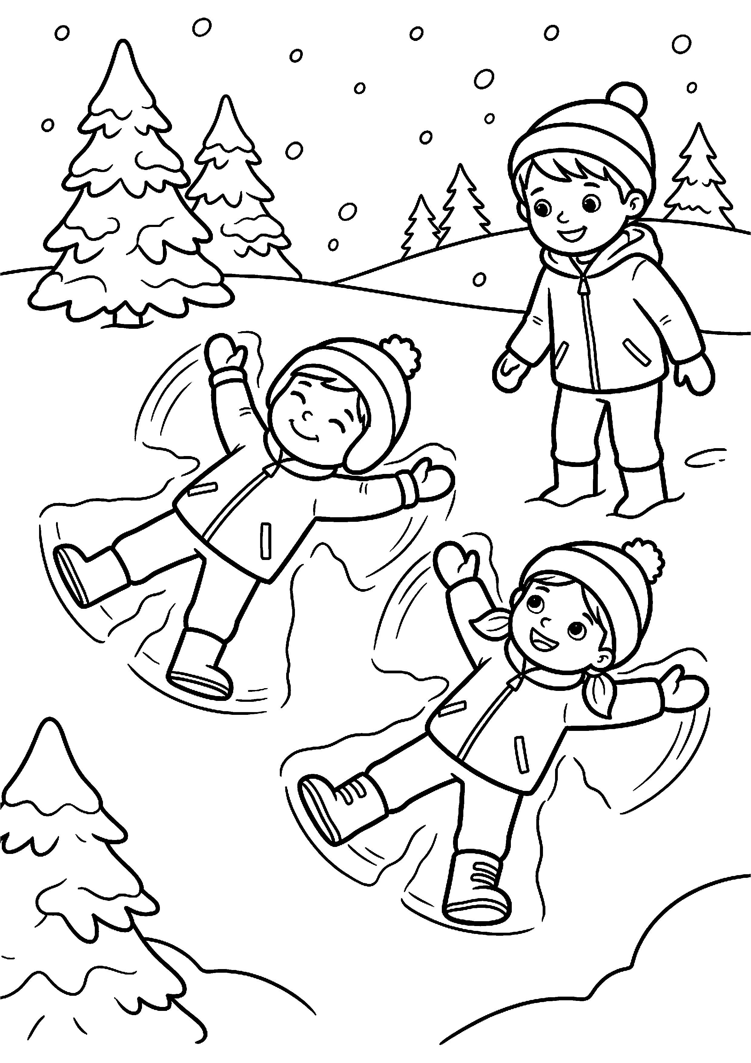 Kinderen maken sneeuwengel kleurplaat — gratis kleurplaat