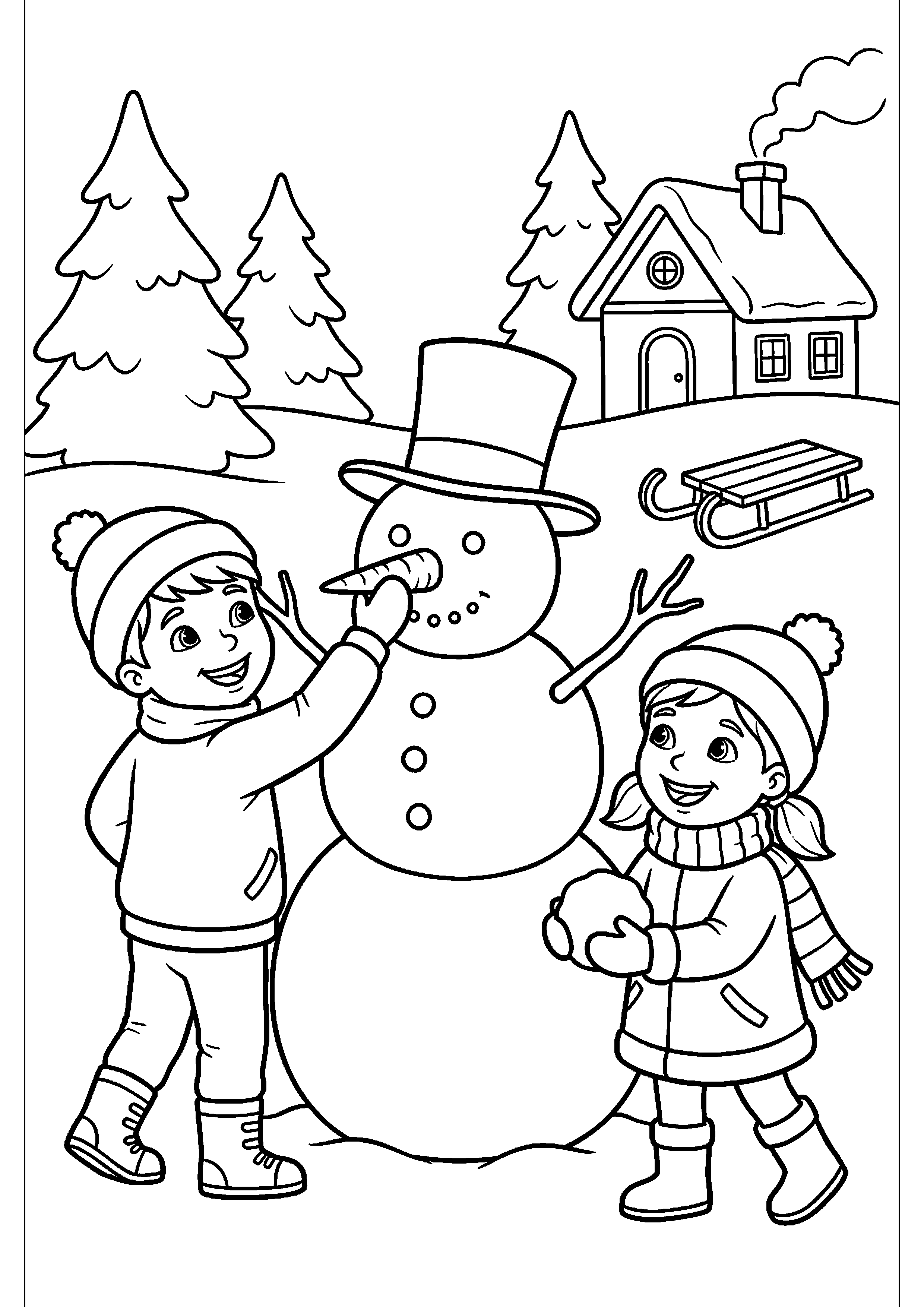 Kinderen maken sneeuwpop kleurplaat — gratis kleurplaat