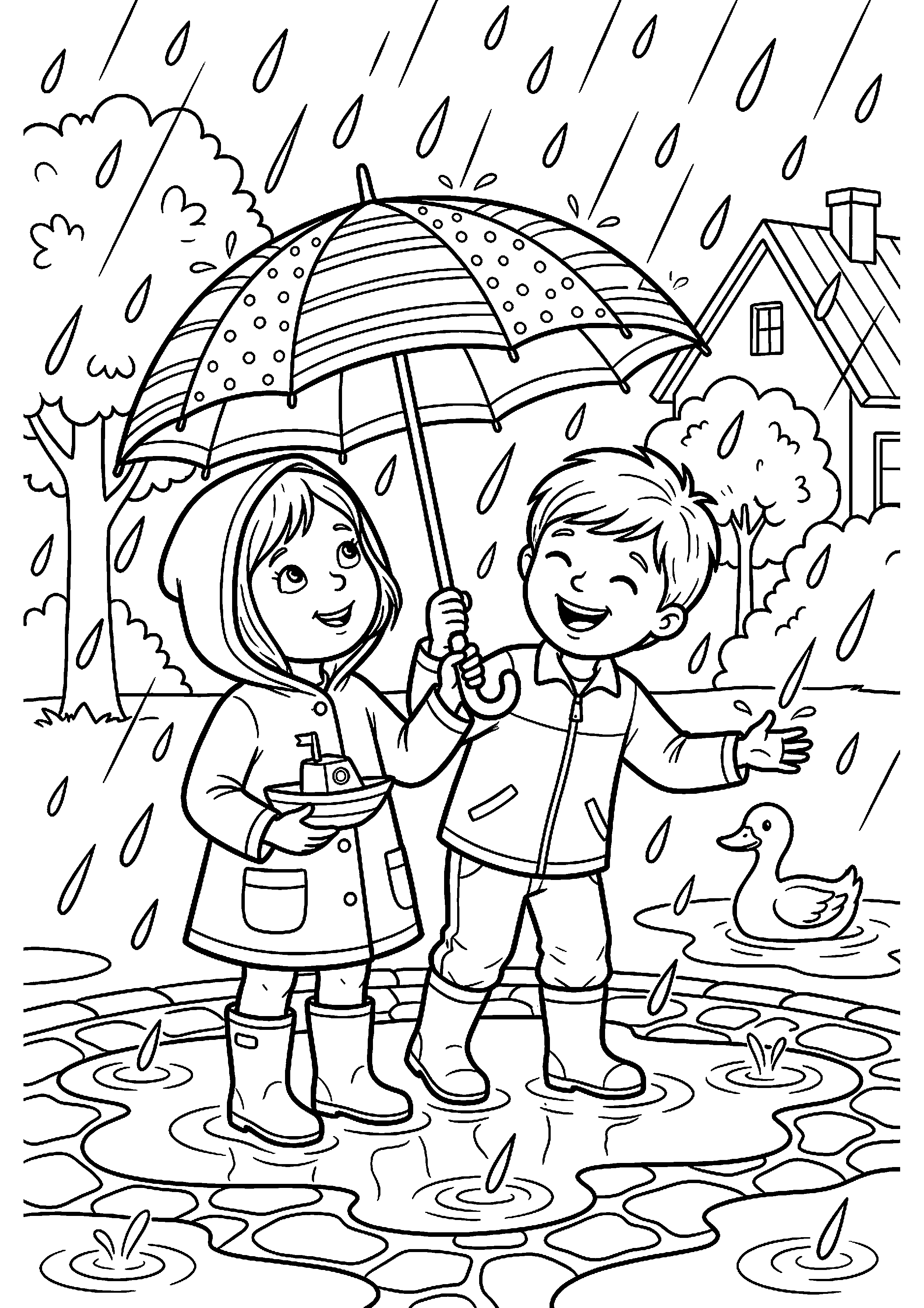Kinderen met paraplu in regen kleurplaat — gratis kleurplaat