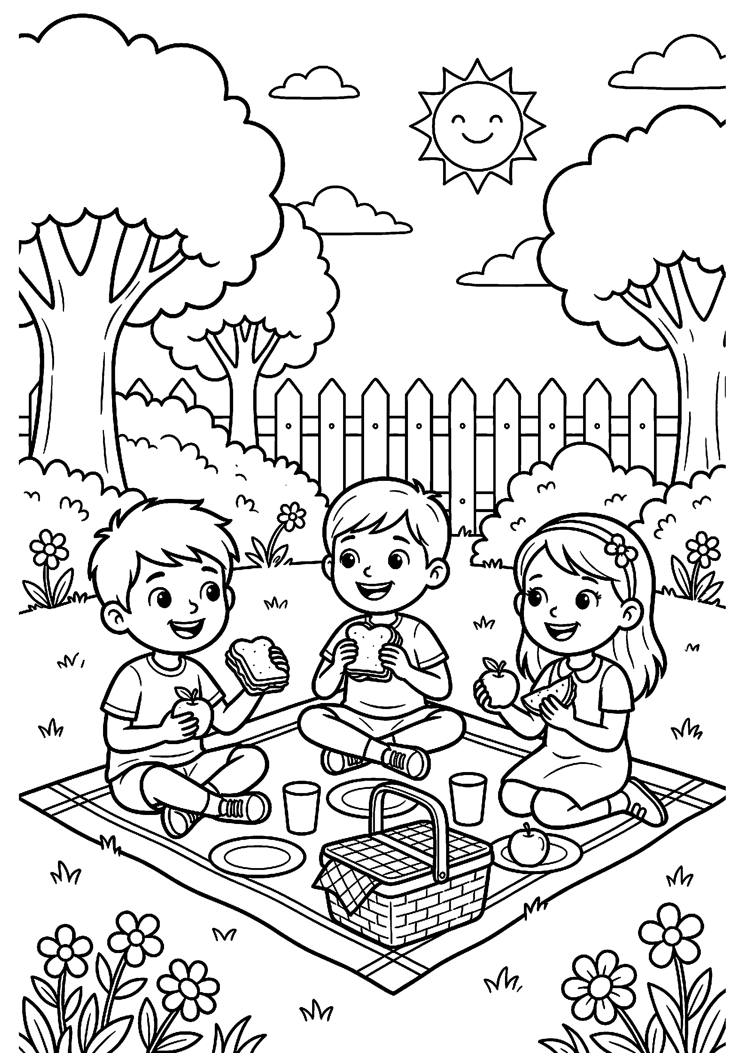 Kinderen picknicken in park kleurplaat — gratis kleurplaat