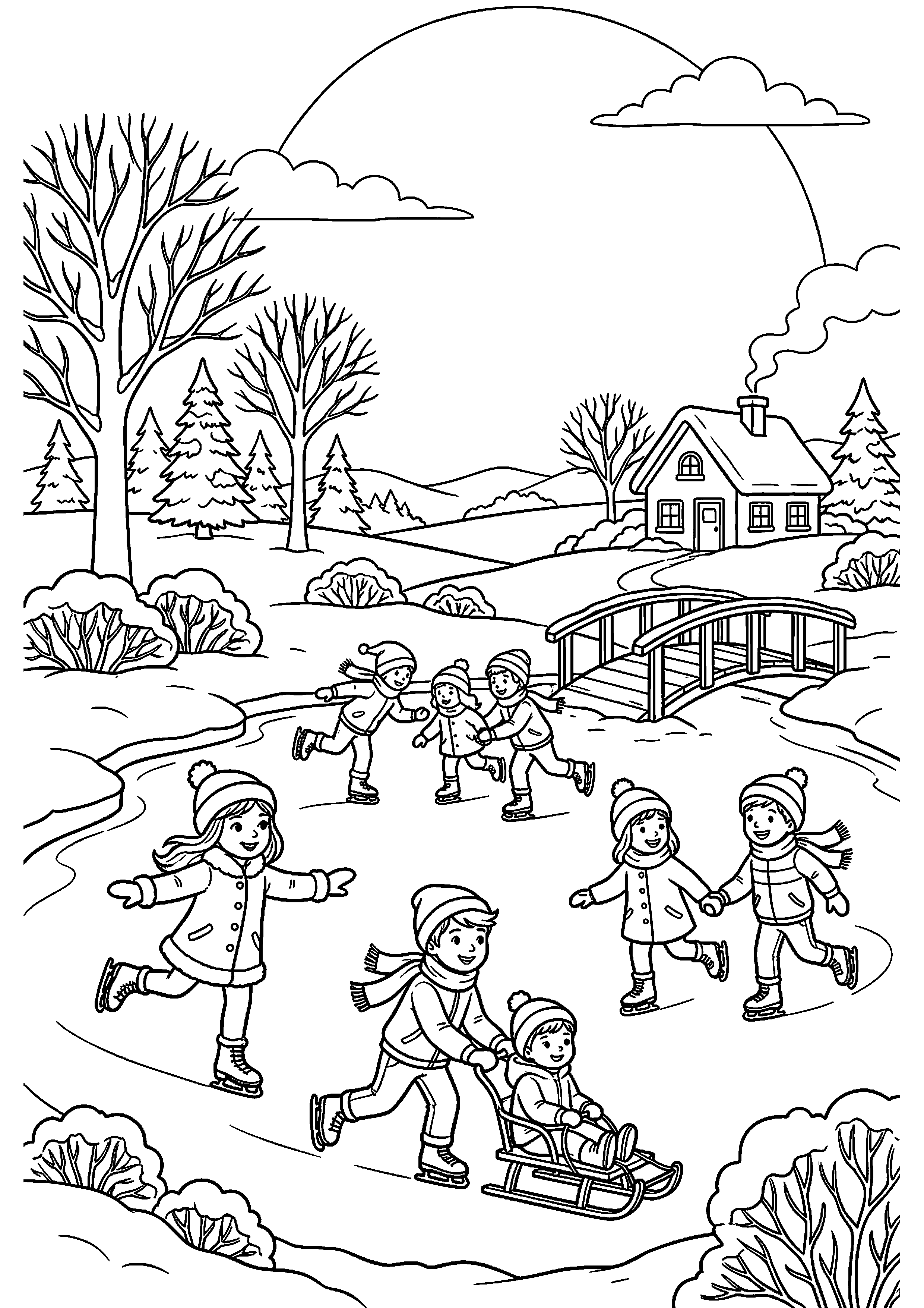 Kinderen schaatsen op grote vijver kleurplaat — gratis kleurplaat