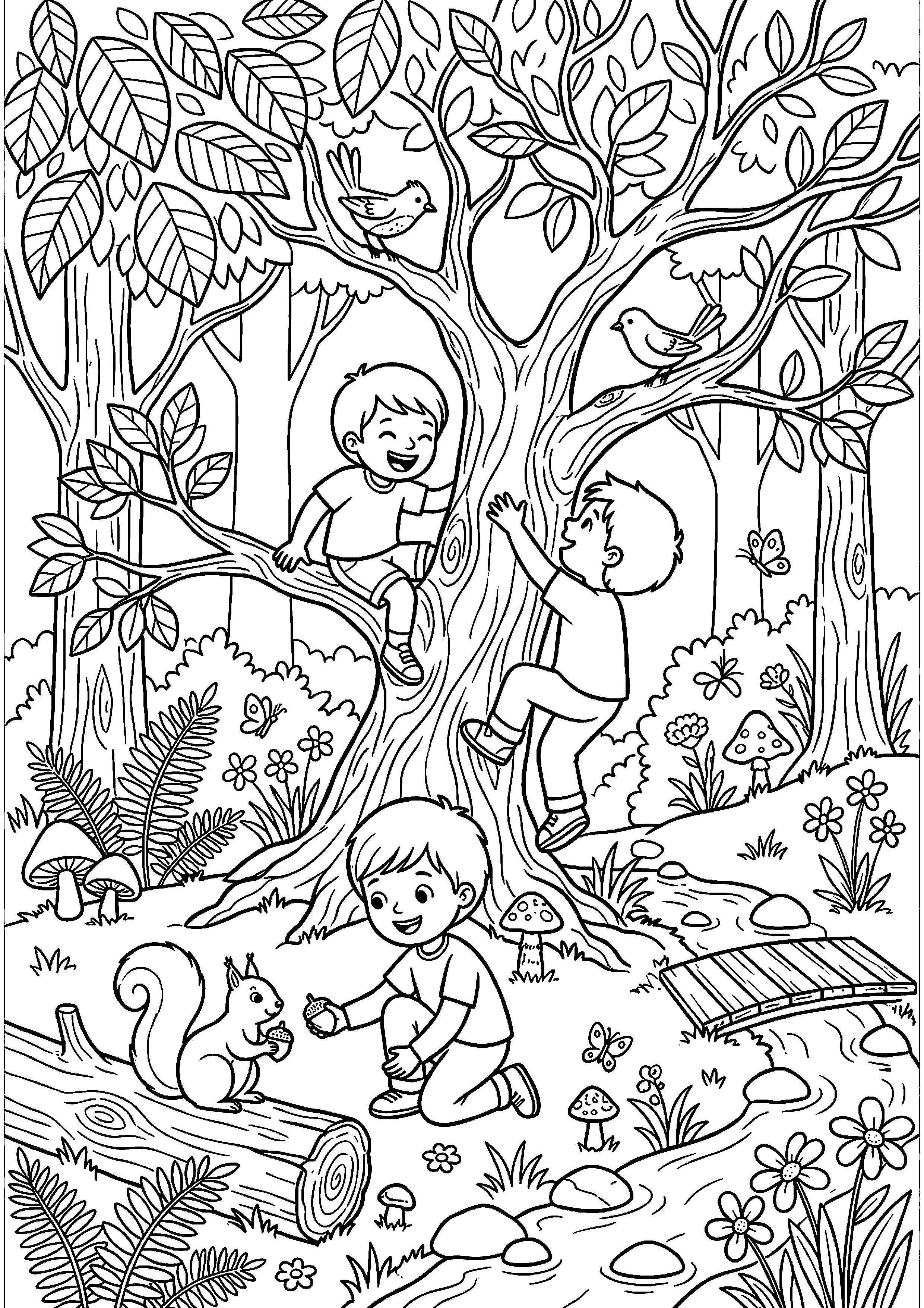 Kinderen spelen in bos kleurplaat — gratis kleurplaat