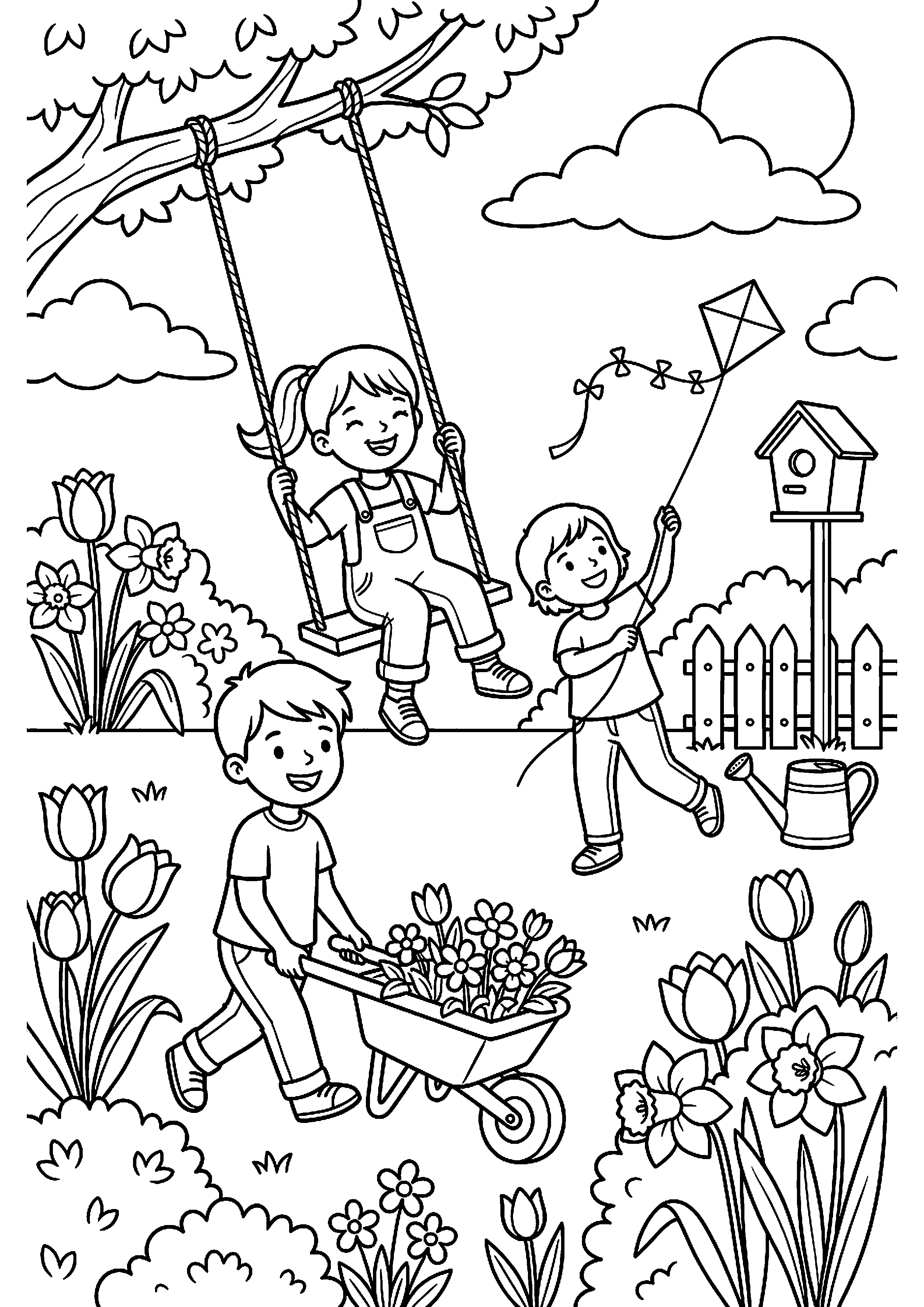 Kinderen spelen in lentetuin kleurplaat — gratis kleurplaat