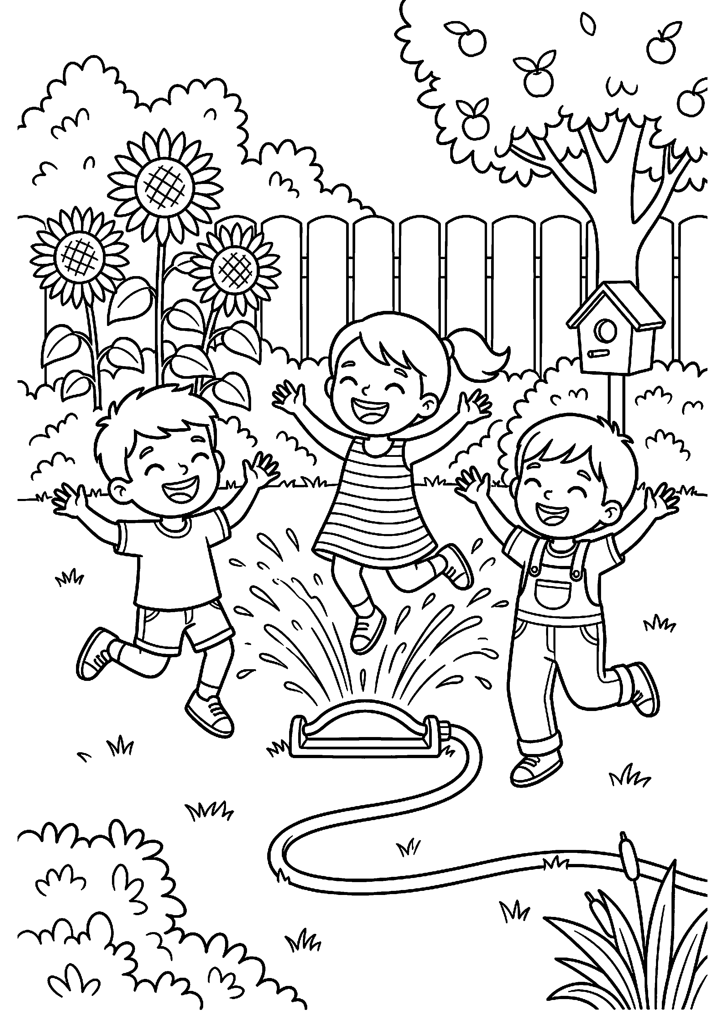 Kinderen spelen in tuin met sprinkler kleurplaat — gratis kleurplaat