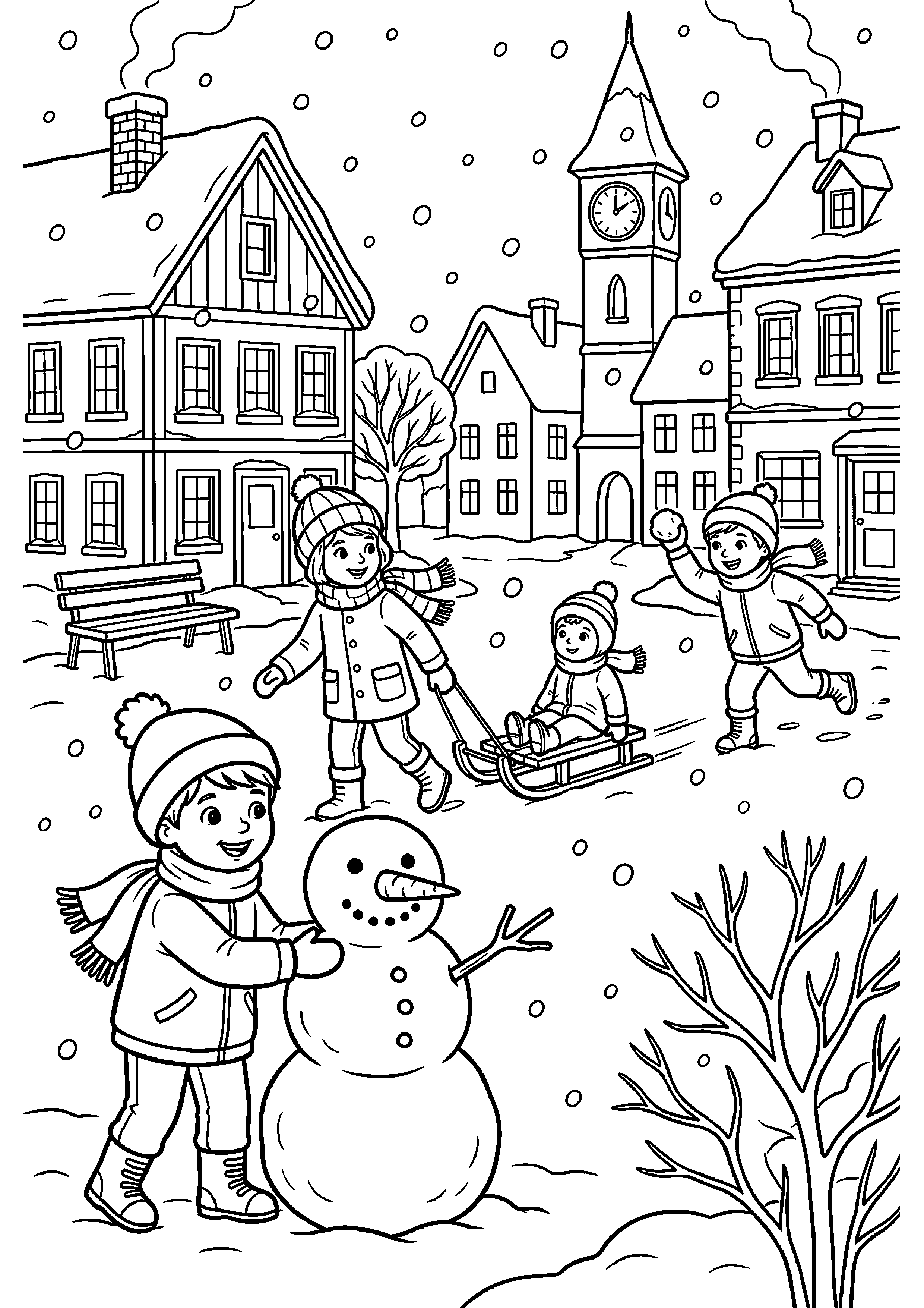 Kinderen spelen op besneeuwd plein kleurplaat — gratis kleurplaat