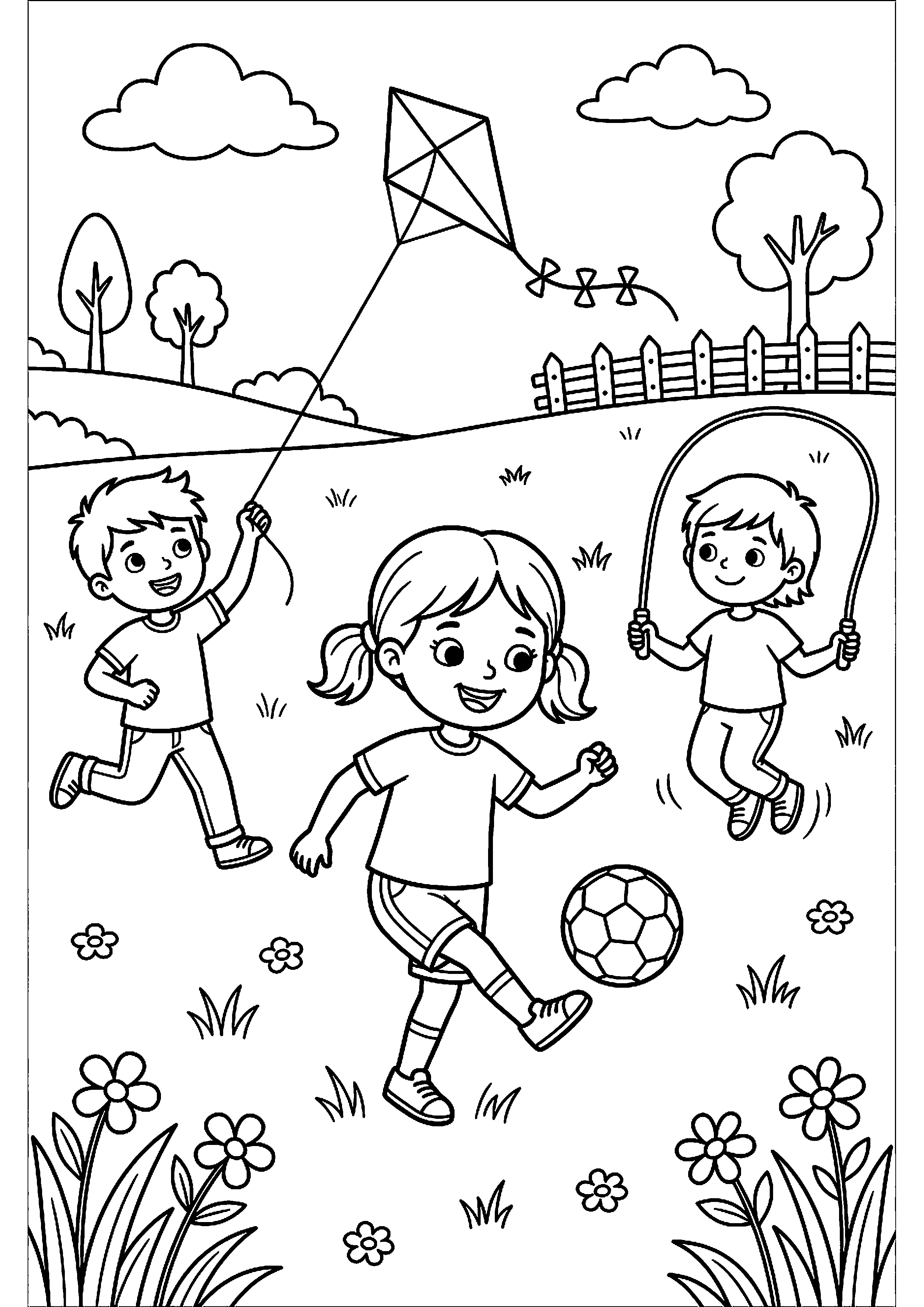 Kinderen spelen op grasveld kleurplaat — gratis kleurplaat