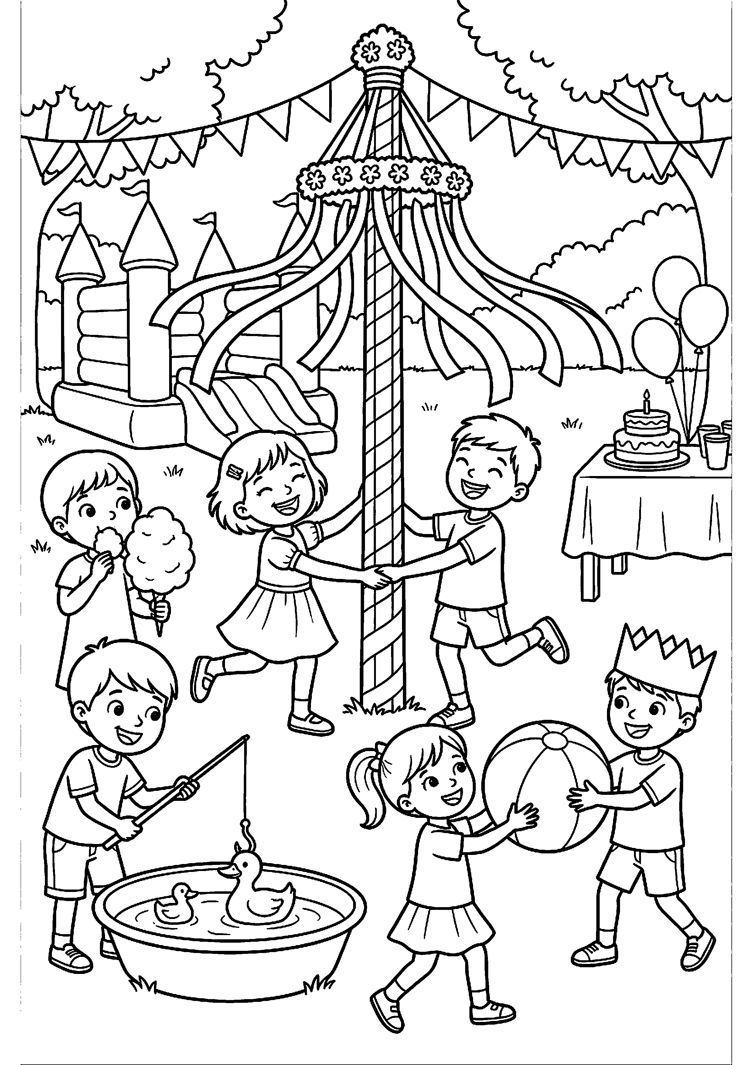 Kinderen spelen op zomerfeest kleurplaat — gratis kleurplaat