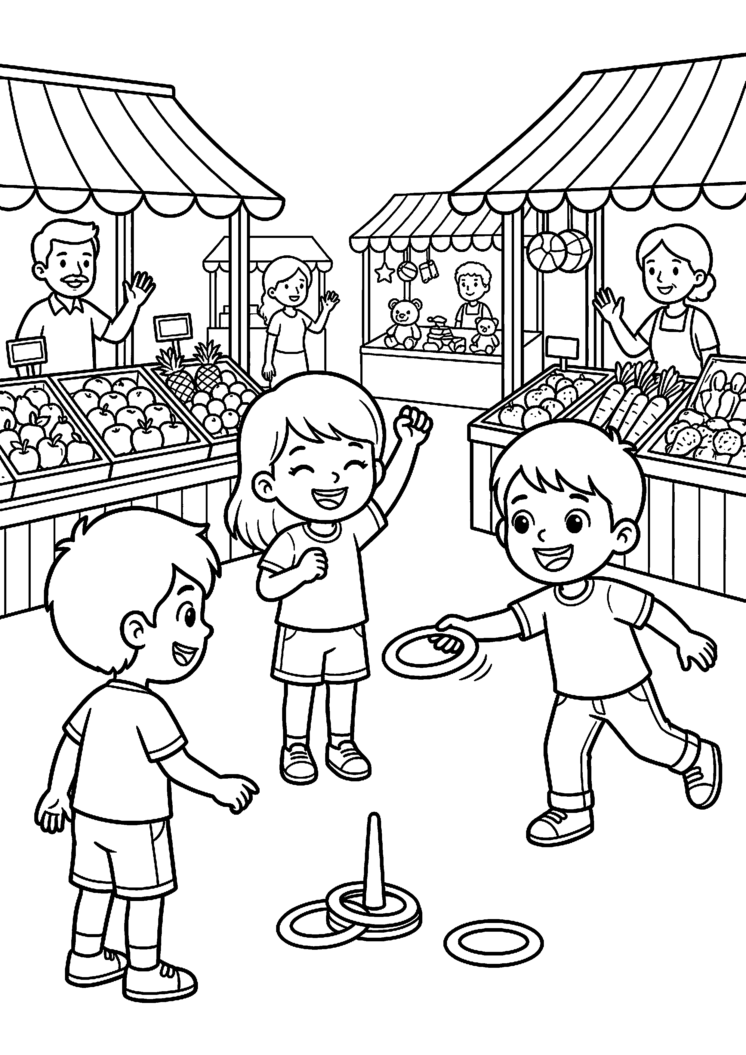 Kinderen spelen spelletje op markt kleurplaat — gratis kleurplaat