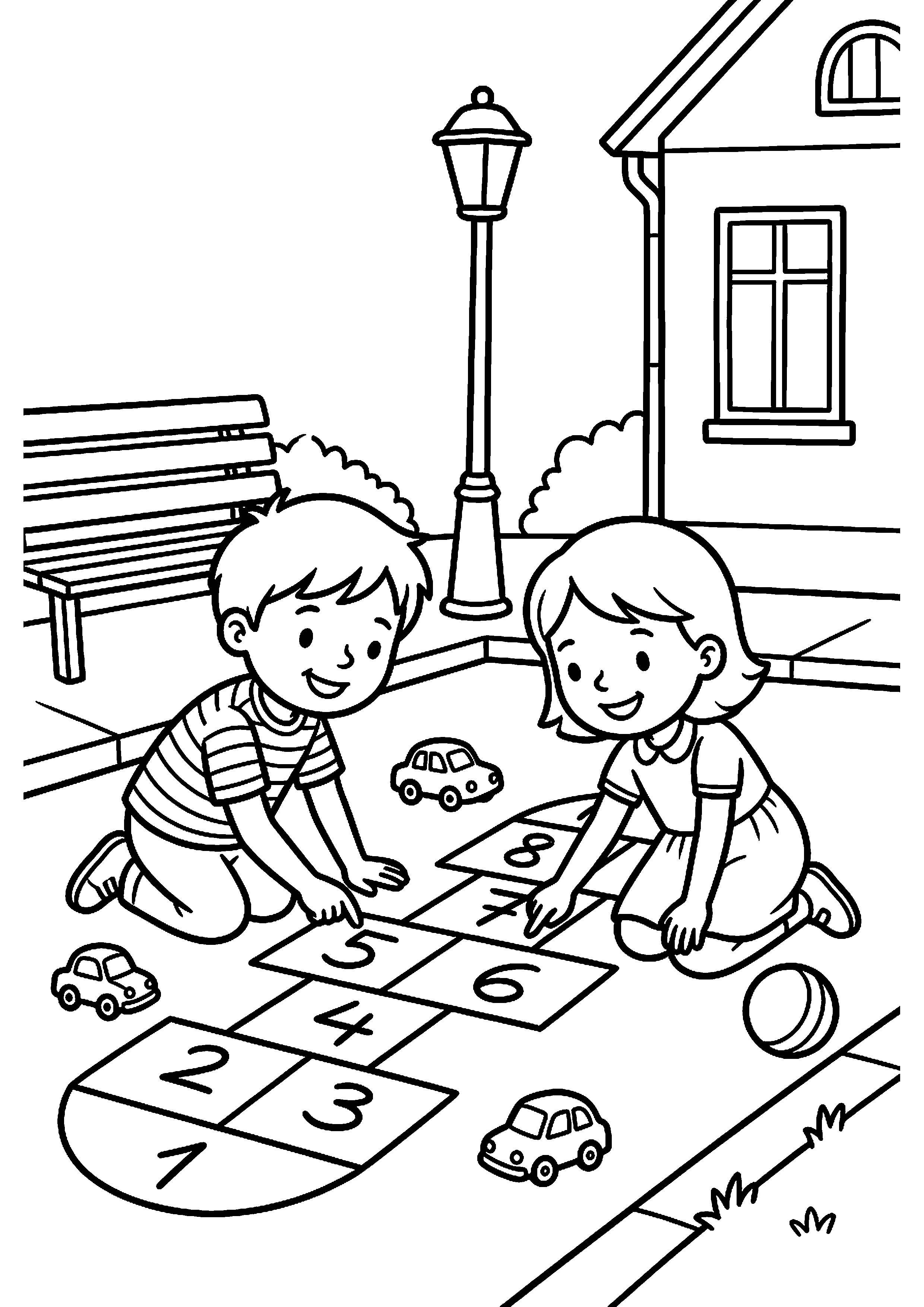 Kinderen spelen spelletje op straat kleurplaat — gratis kleurplaat