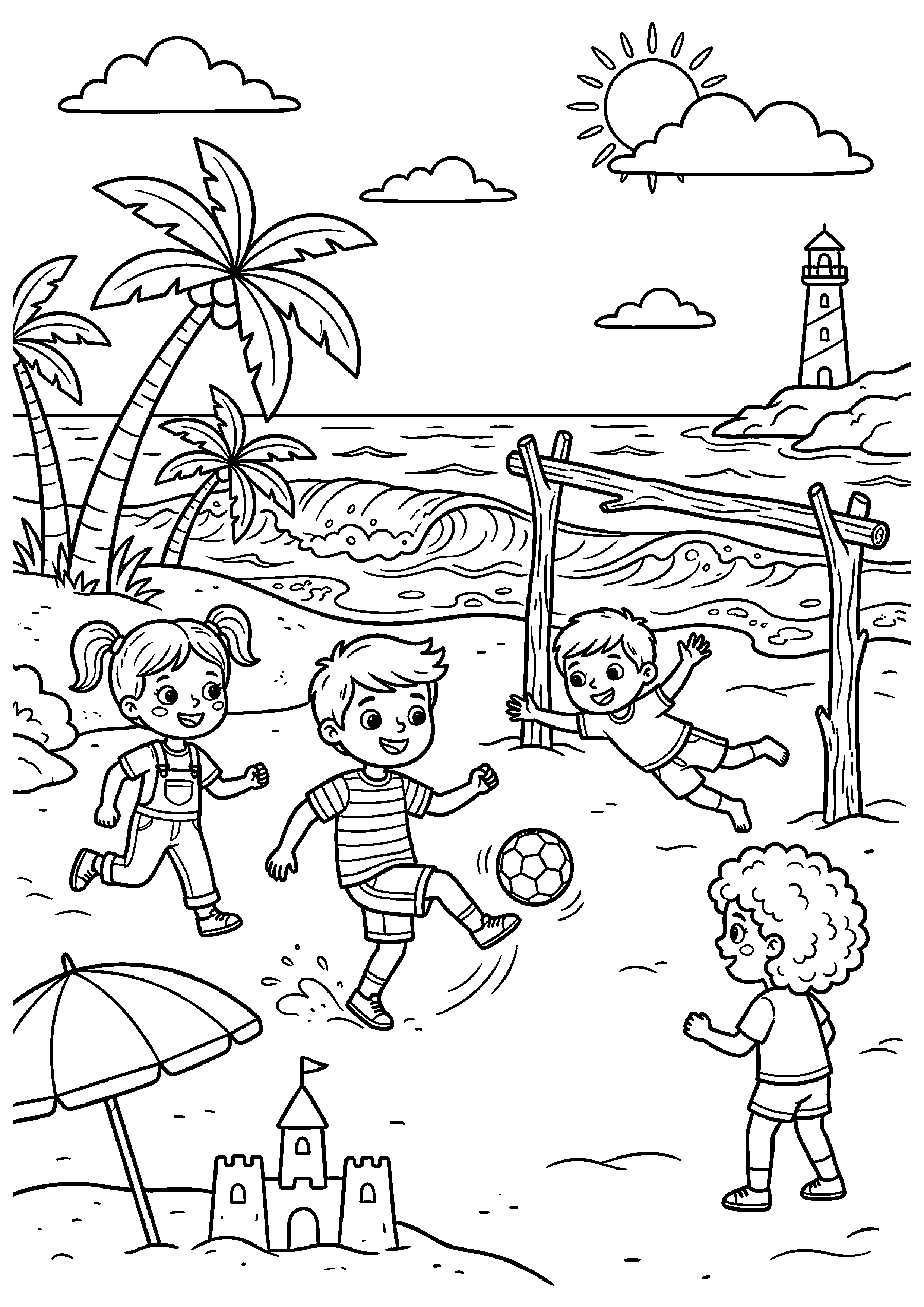 Kinderen spelen voetbal op strand kleurplaat — gratis kleurplaat