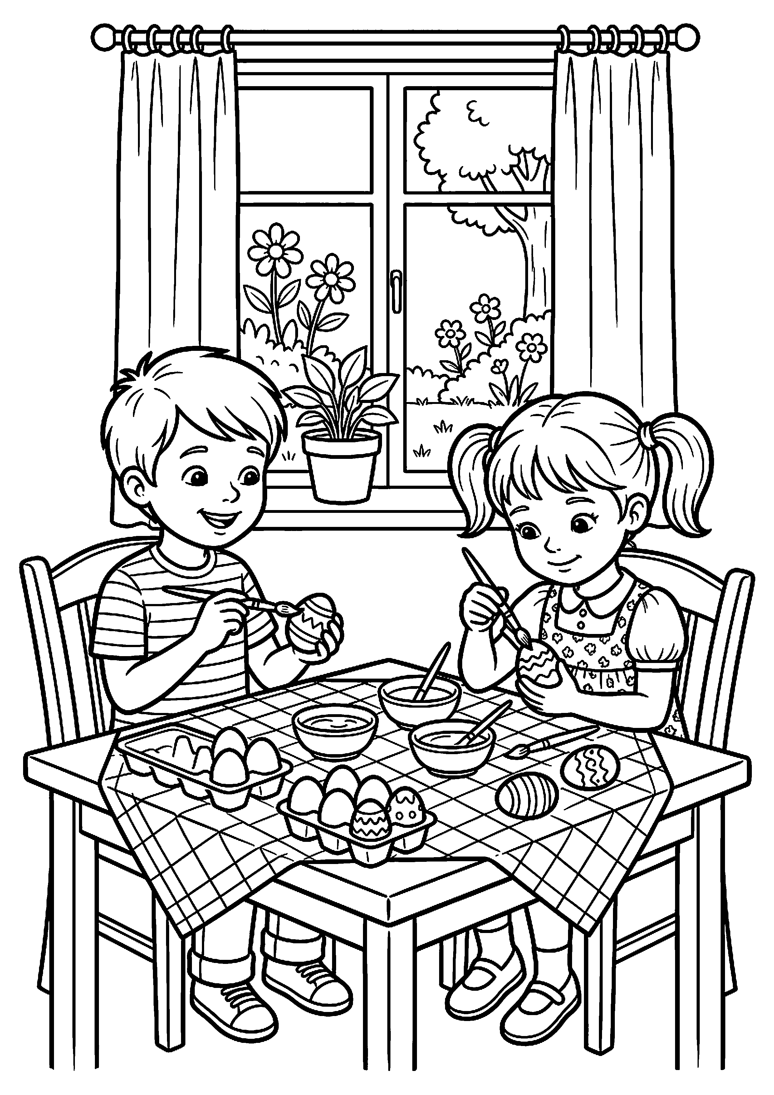 Kinderen Verven Paaseieren aan Tafel Kleurplaat — gratis kleurplaat