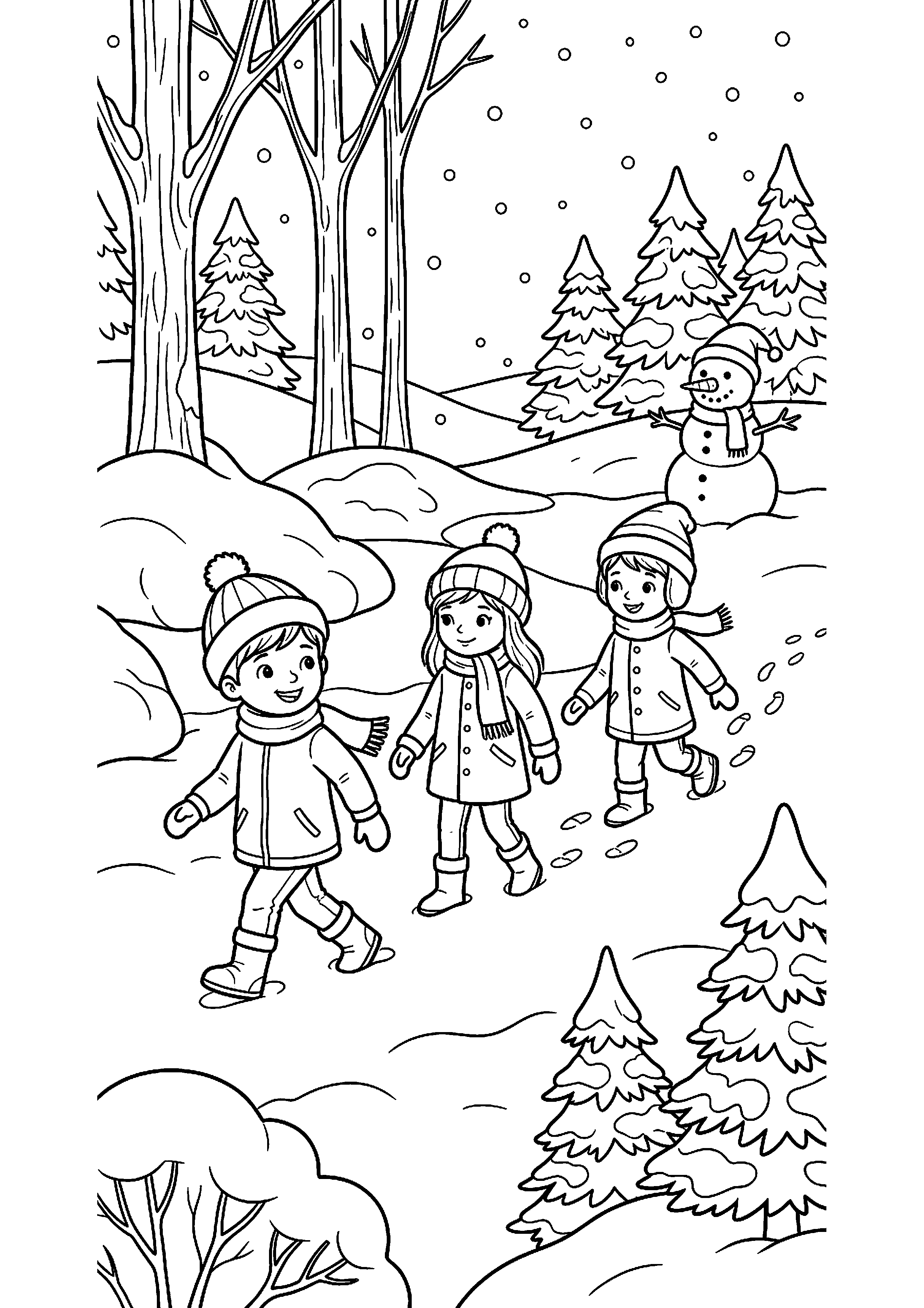 Kinderen wandelen door sneeuw kleurplaat — gratis kleurplaat