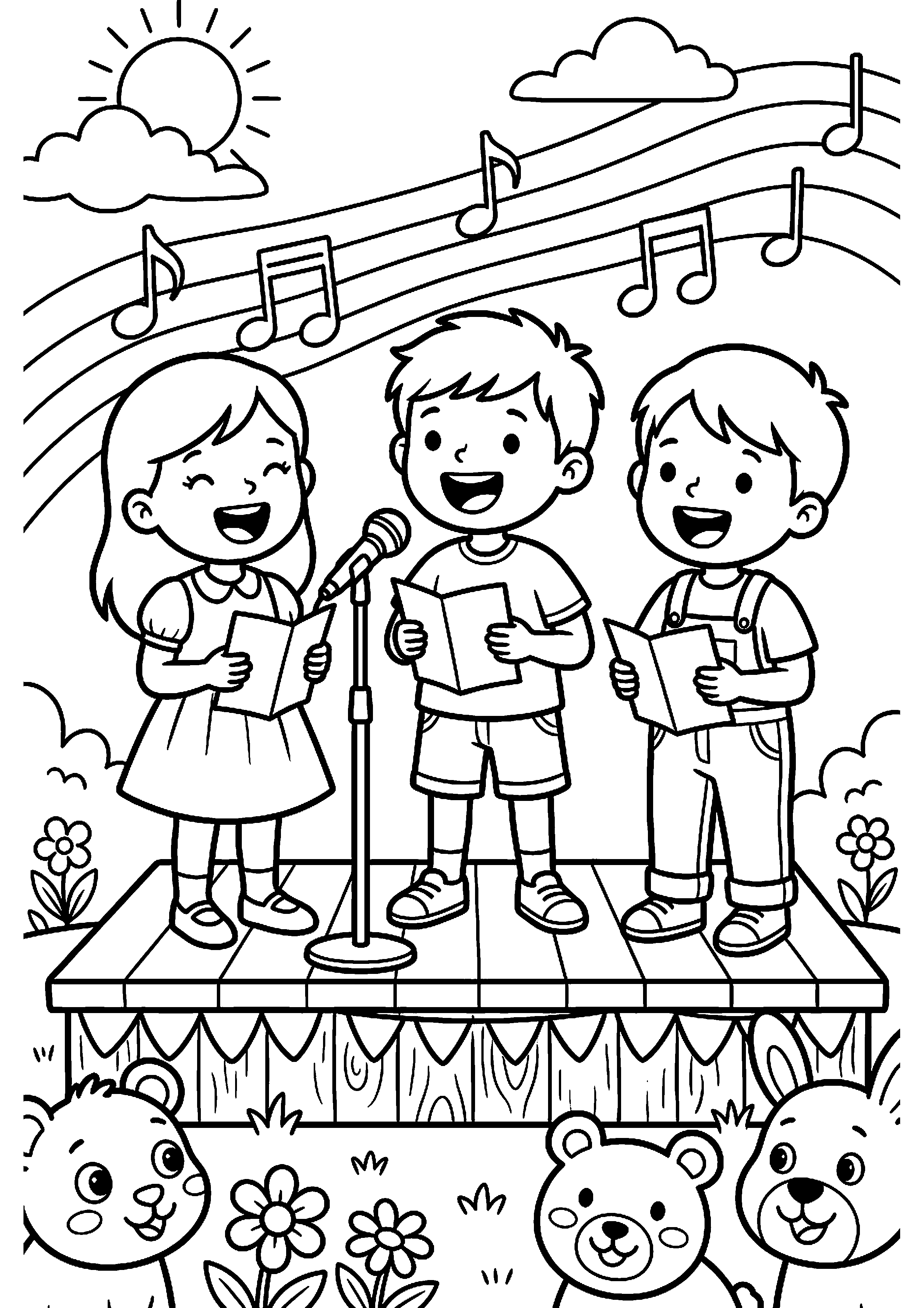 Kinderen zingen op klein podium kleurplaat — gratis kleurplaat