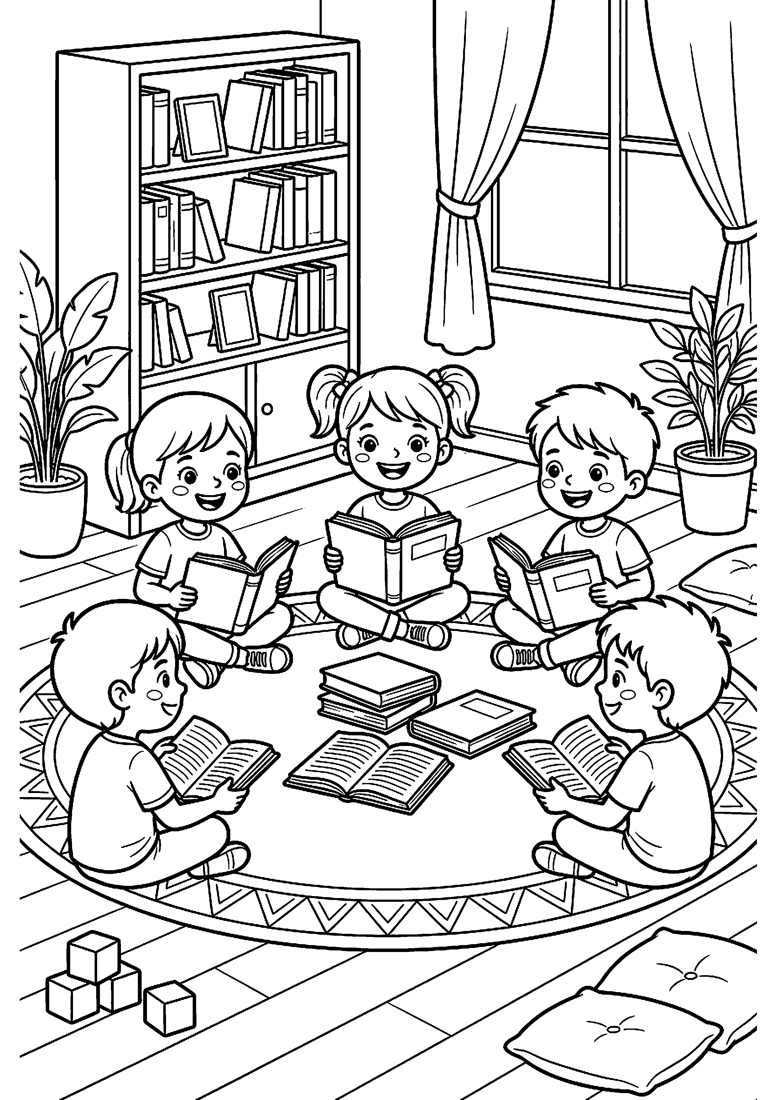 Kinderen zitten in kring met boeken kleurplaat — gratis kleurplaat