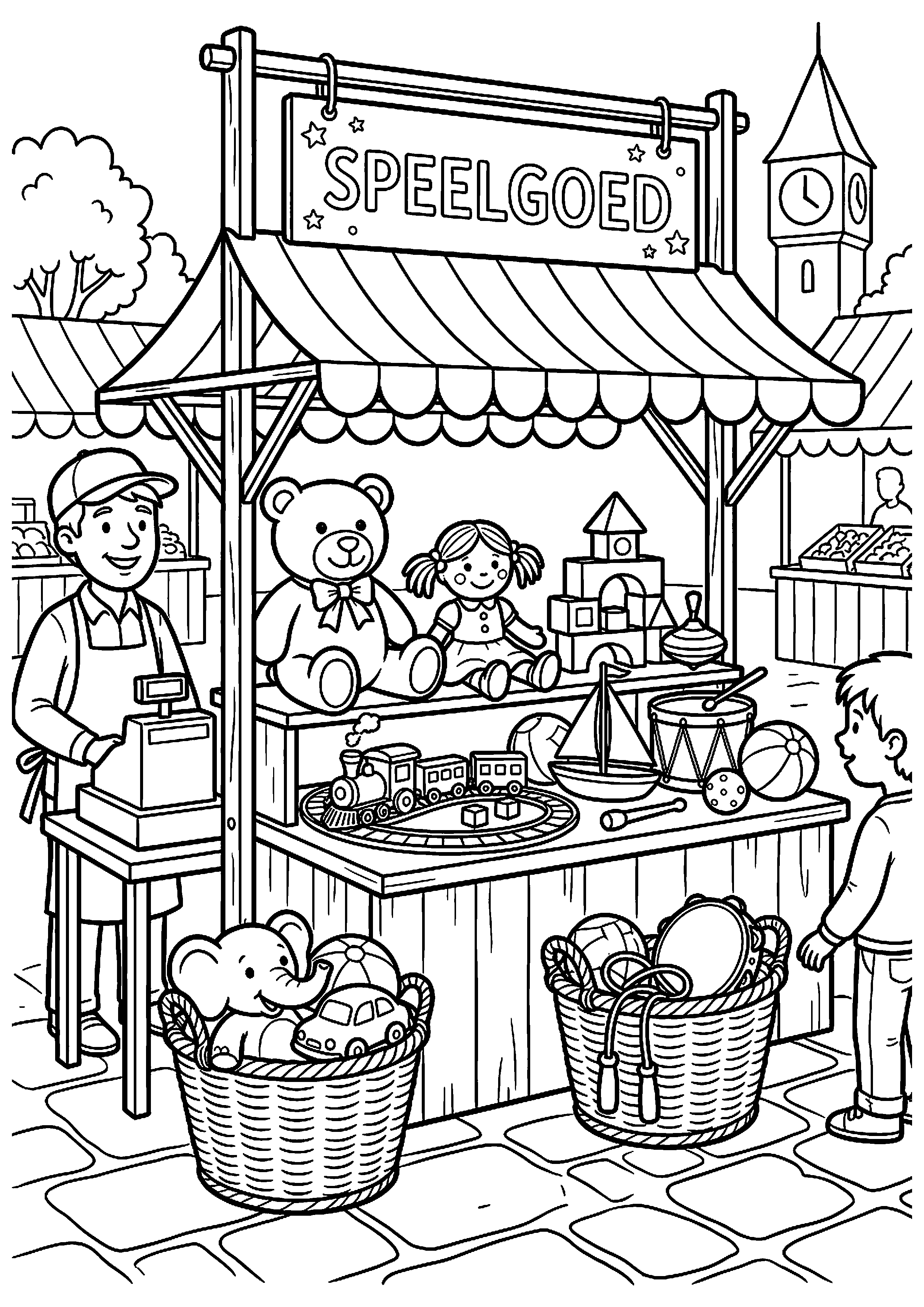 Kraampje met speelgoed op markt kleurplaat — gratis kleurplaat