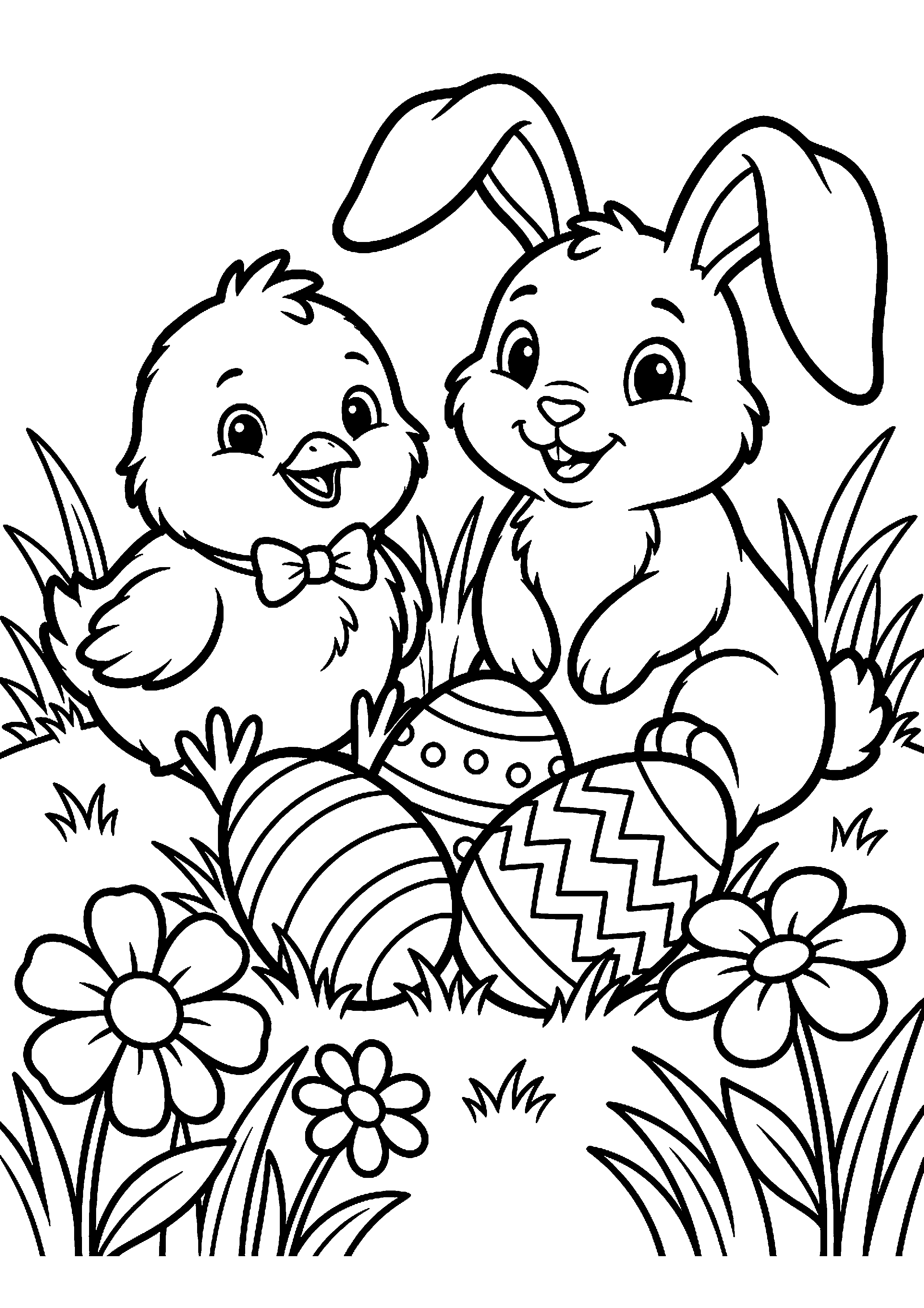 Kuiken en konijn naast paaseieren kleurplaat — gratis kleurplaat