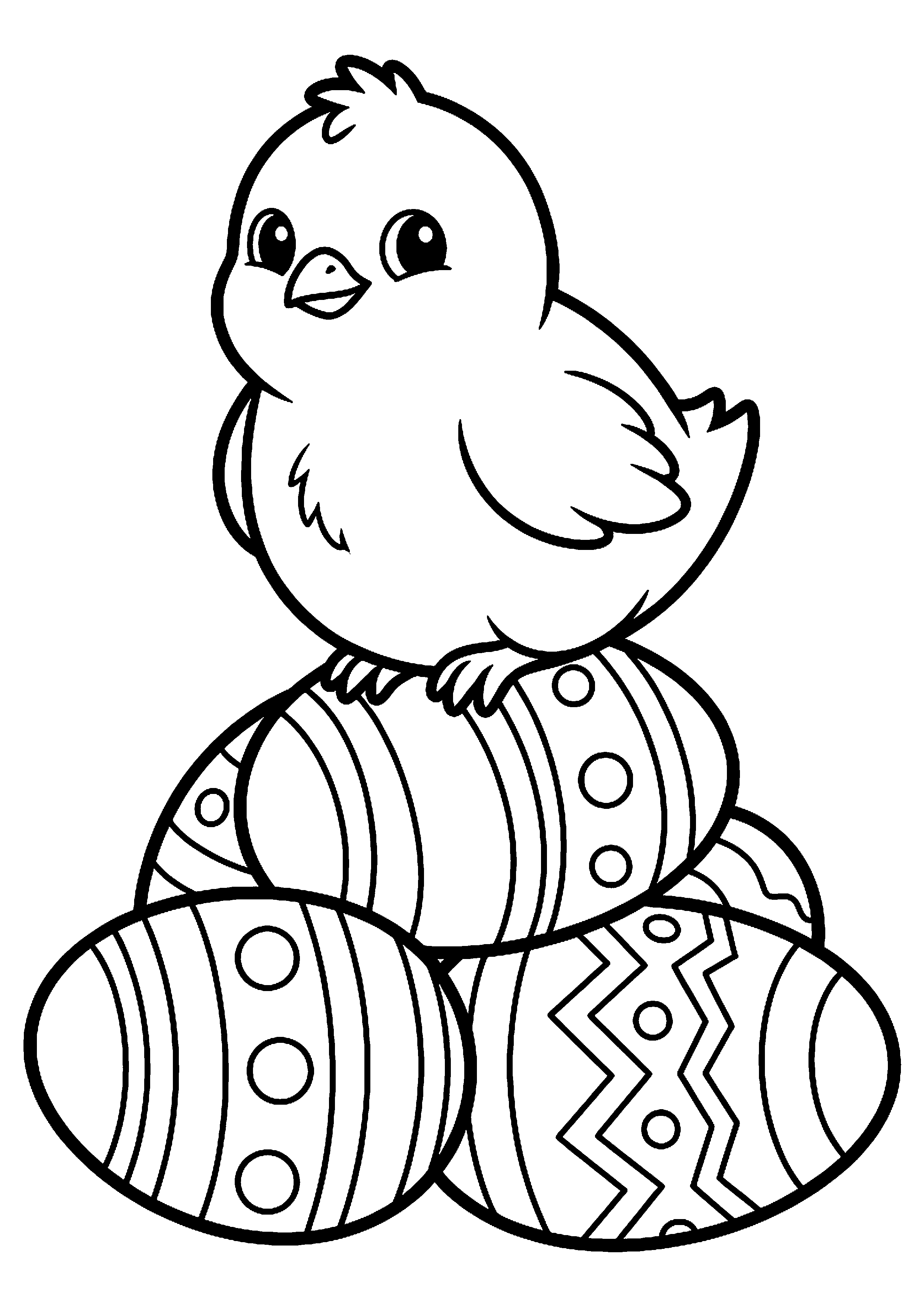 Kuiken Zit op een Stapel Paaseieren Kleurplaat — gratis kleurplaat
