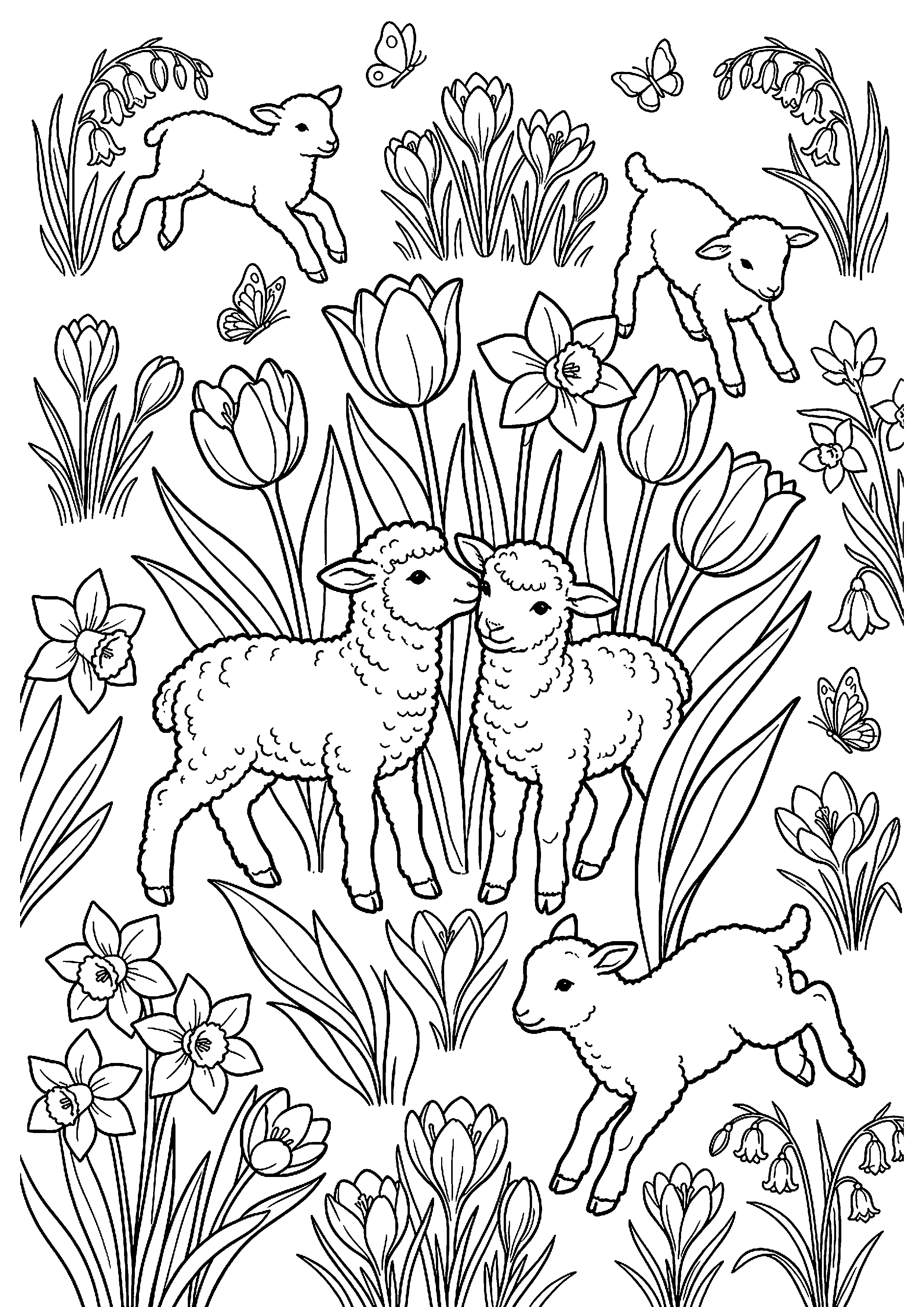 Lammetjes in lentebloemen kleurplaat — gratis kleurplaat