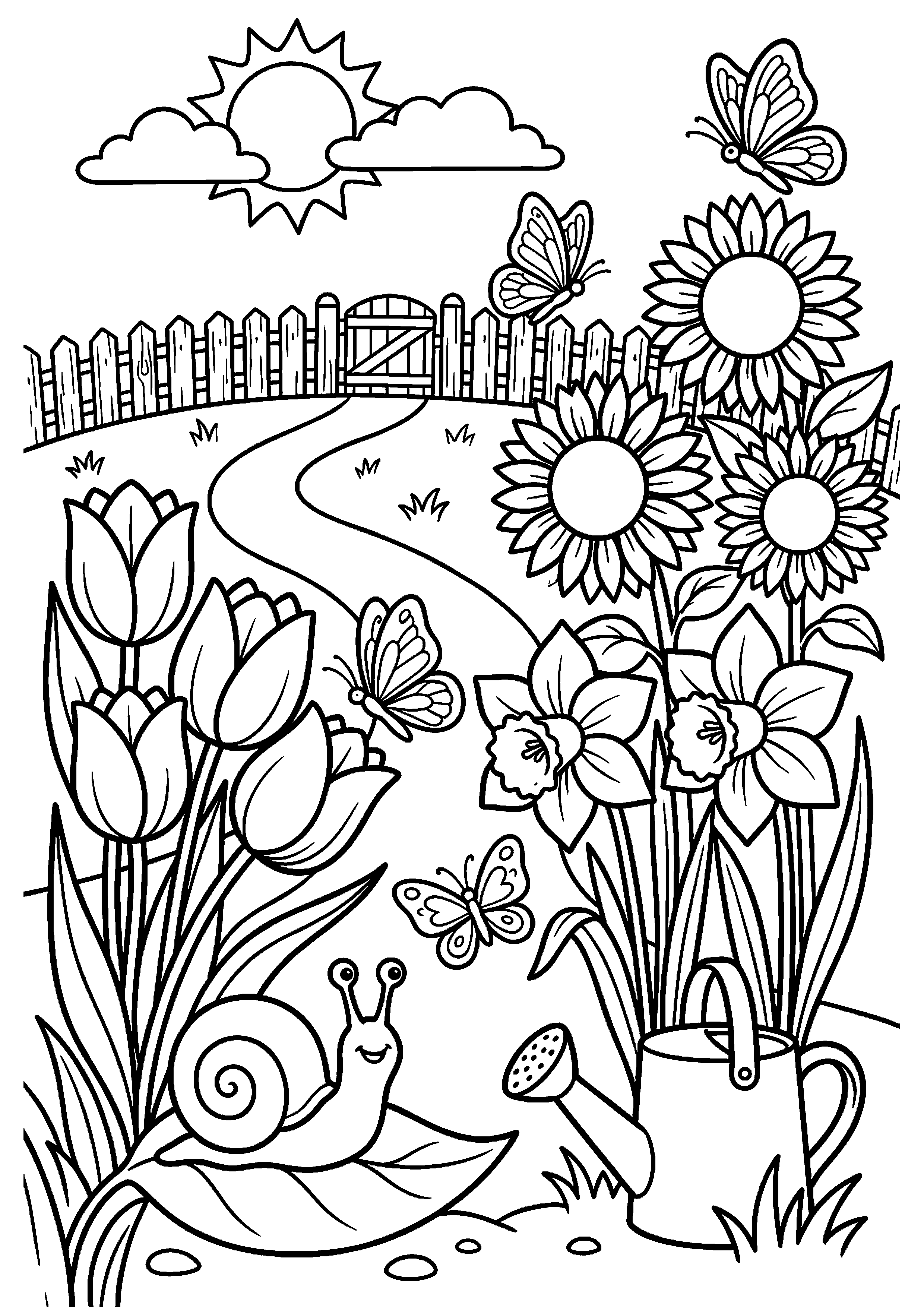 Lentetuin met bloemen en vlinders kleurplaat — gratis kleurplaat