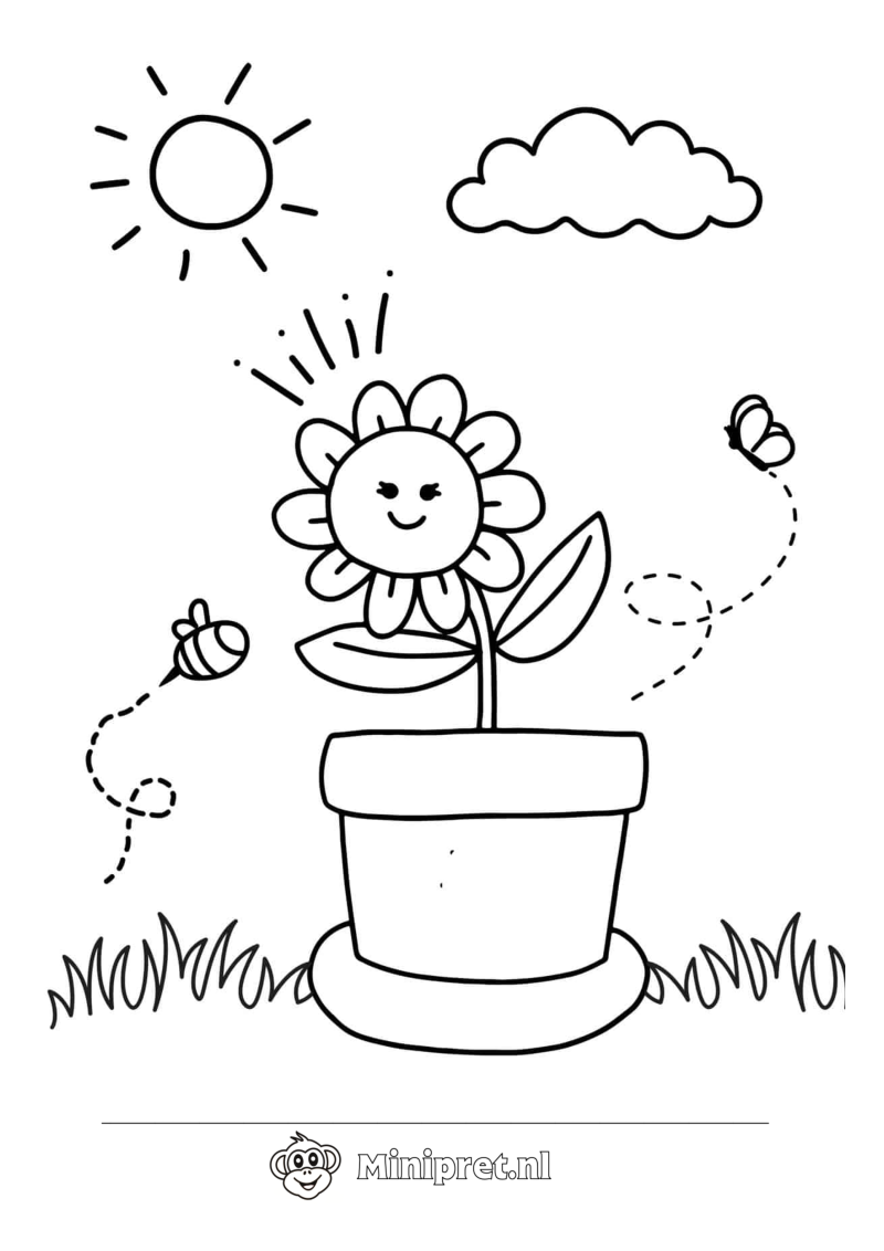 Bloem in Pot met Vlinder kleurplaat — gratis kleurplaat