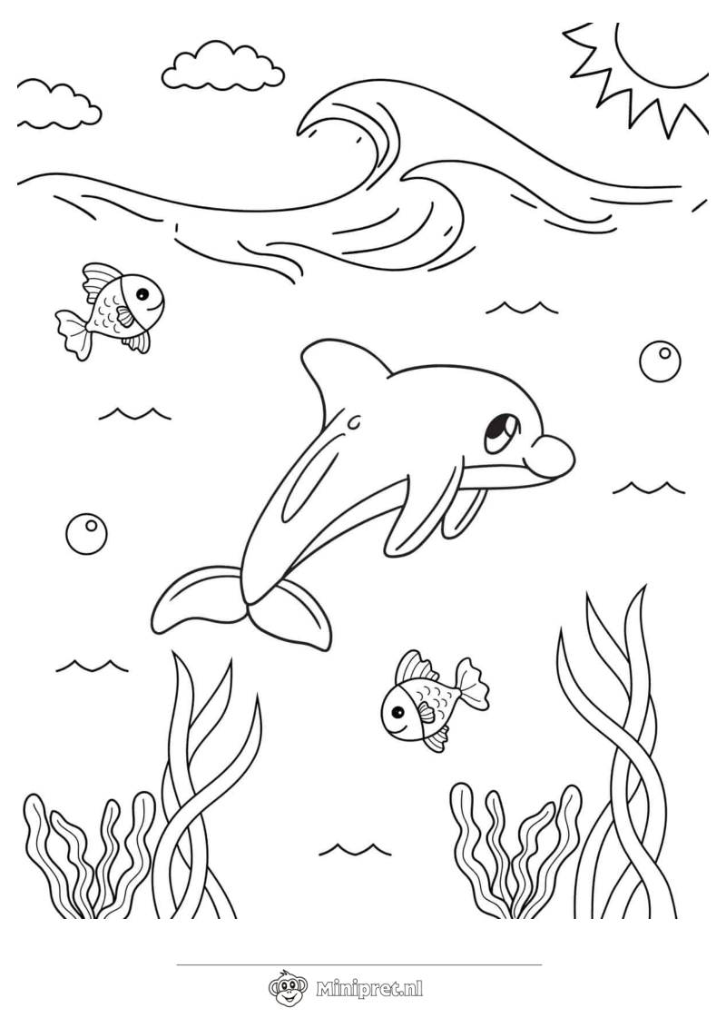 Dolfijn met Vissen kleurplaat — gratis kleurplaat